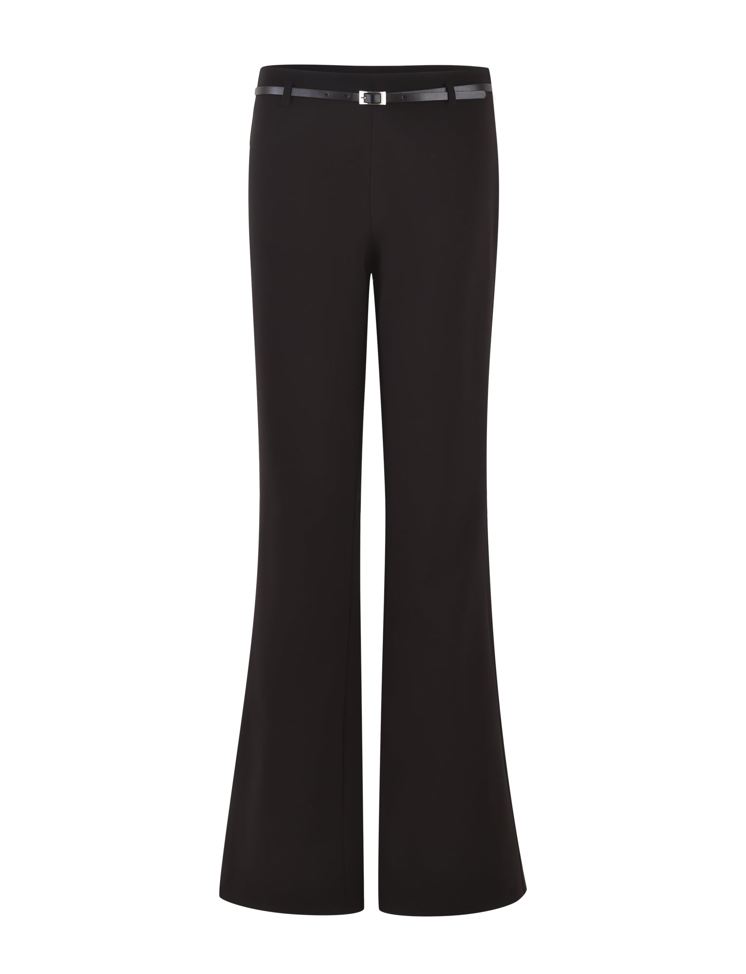 Introducing the TERLA PANT - BLACK by TIGERMIST. This pair of suiting pants features a mid-rise waist and a sleek design. Crafted from smooth fabric, they showcase a tailored finish with a small metallic buckle adding subtle detail to the waistband. The legs widen slightly from the knee downwards, creating an elegant flared silhouette.