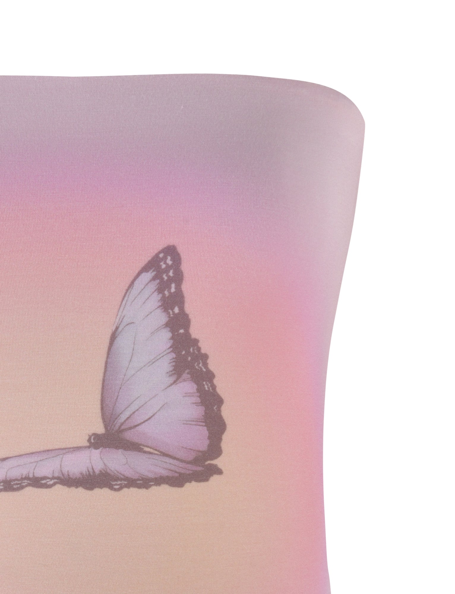 Close-up view of the TIGERMIST AMBROSE BOOB TUBE - PINK, a sleeveless bodycon dress featuring a pink ombre butterfly design transitioning from light pink to peach. Adorned with the image of a purple butterfly, the top edge reveals a smooth, seamless finish in stretchy jersey fabric.