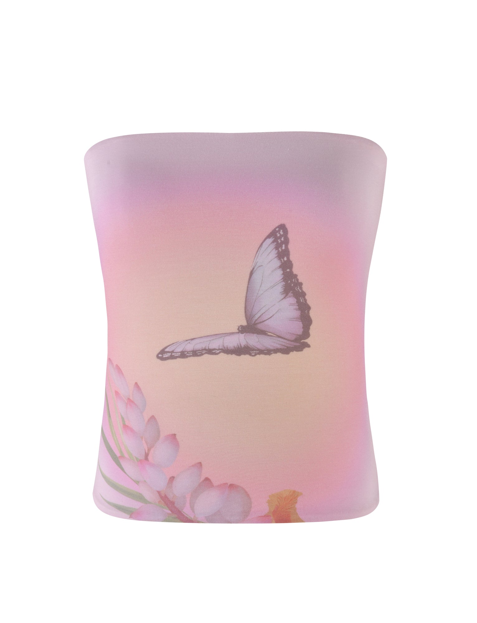 Introducing the AMBROSE BOOB TUBE - PINK by TIGERMIST: This pastel-colored tube top boasts a charming blue butterfly in the center. Made from stretchy jersey material, it gracefully transitions from a light purple to a pink ombre gradient. The bottom left corner is adorned with a delicate botanical design featuring pink flowers and green leaves.