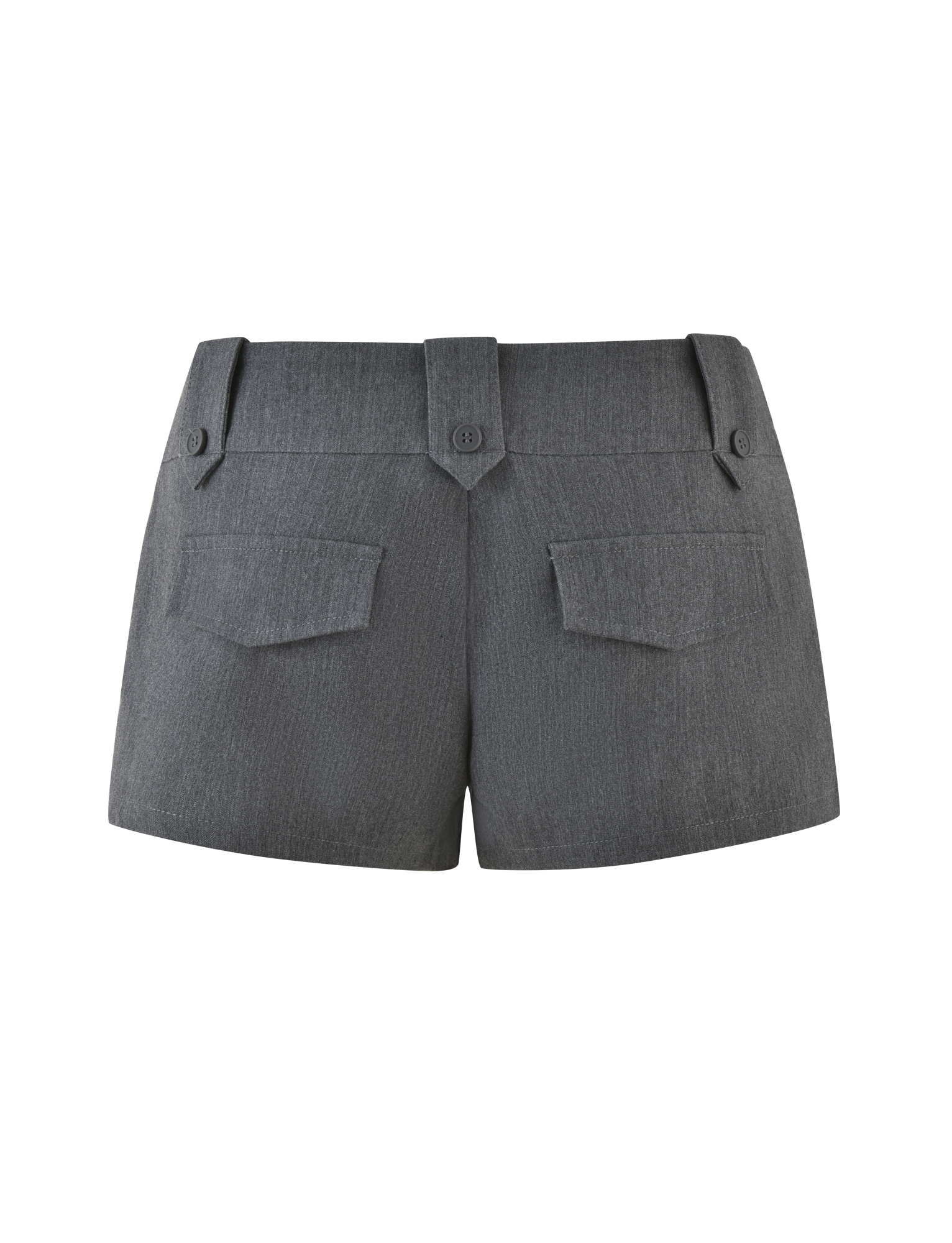 The TIGERMIST KITTIE SHORT - GREY features a tailored bodycon fit, waistband with belt loops, button and zip closure, and two back flap pockets, shown on a plain white background.