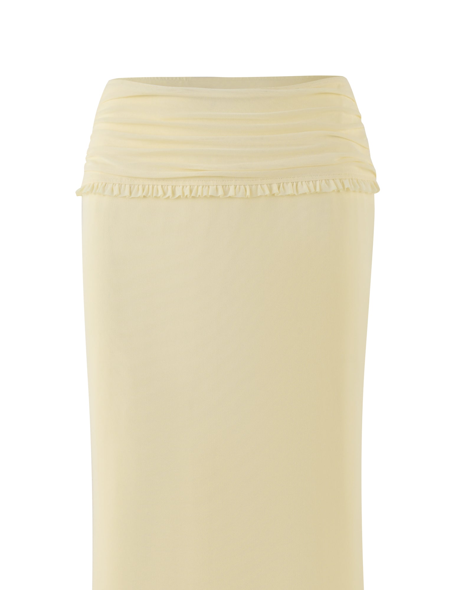 The GINNY MAXI SKIRT - YELLOW : LEMON by TIGERMIST showcases a light yellow color with a ruched wide waistband and delicate ruffle details at the top. Its soft, stretchy fabric creates a simple and elegant appearance against a plain white background.