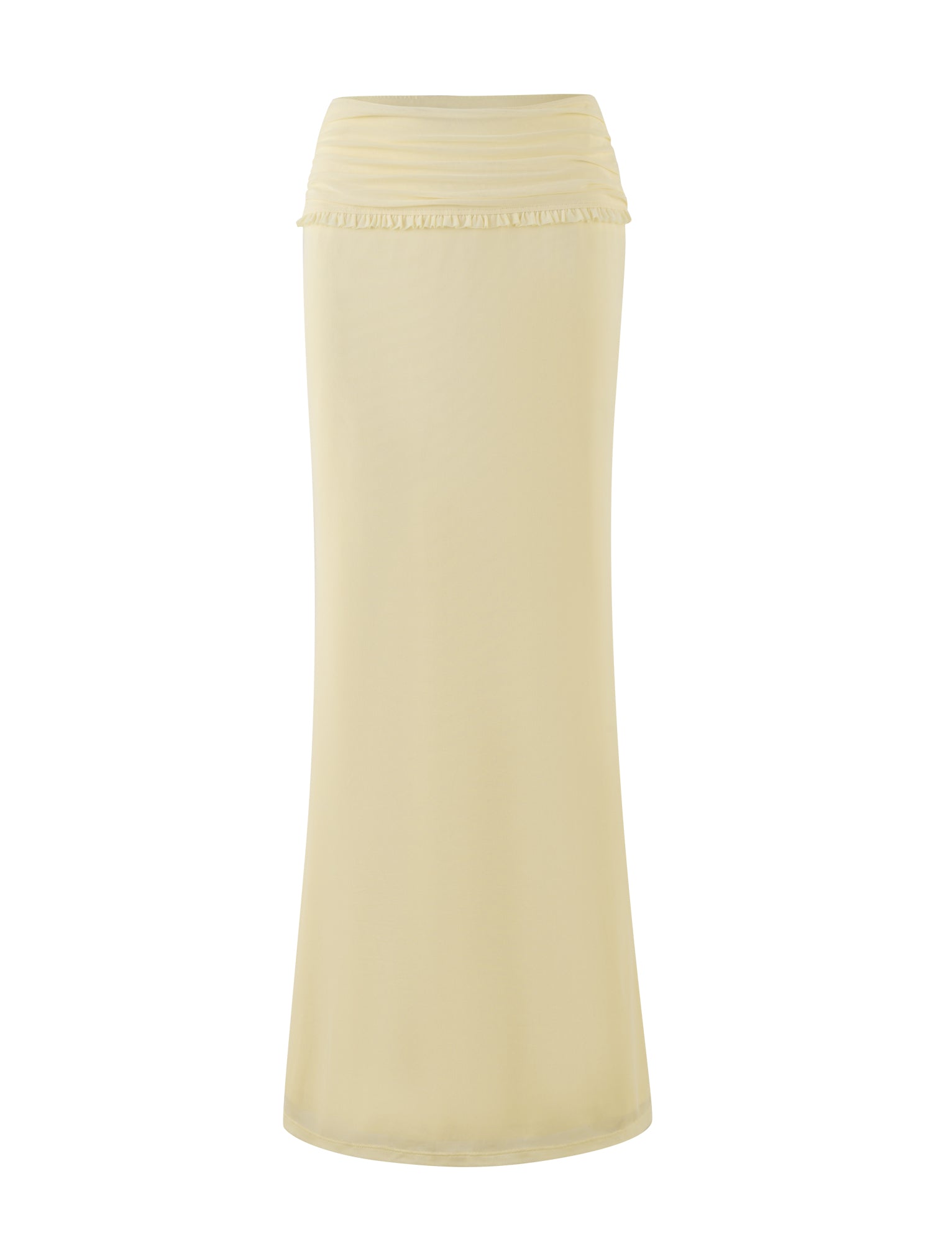 The GINNY MAXI SKIRT - YELLOW : LEMON by TIGERMIST is a maxi-length skirt in a light yellow hue that features a subtle ruffled detail on its wide waistband. Displayed against a white background, this piece boasts a smooth texture and falls straight, providing a sleek and elegant look.