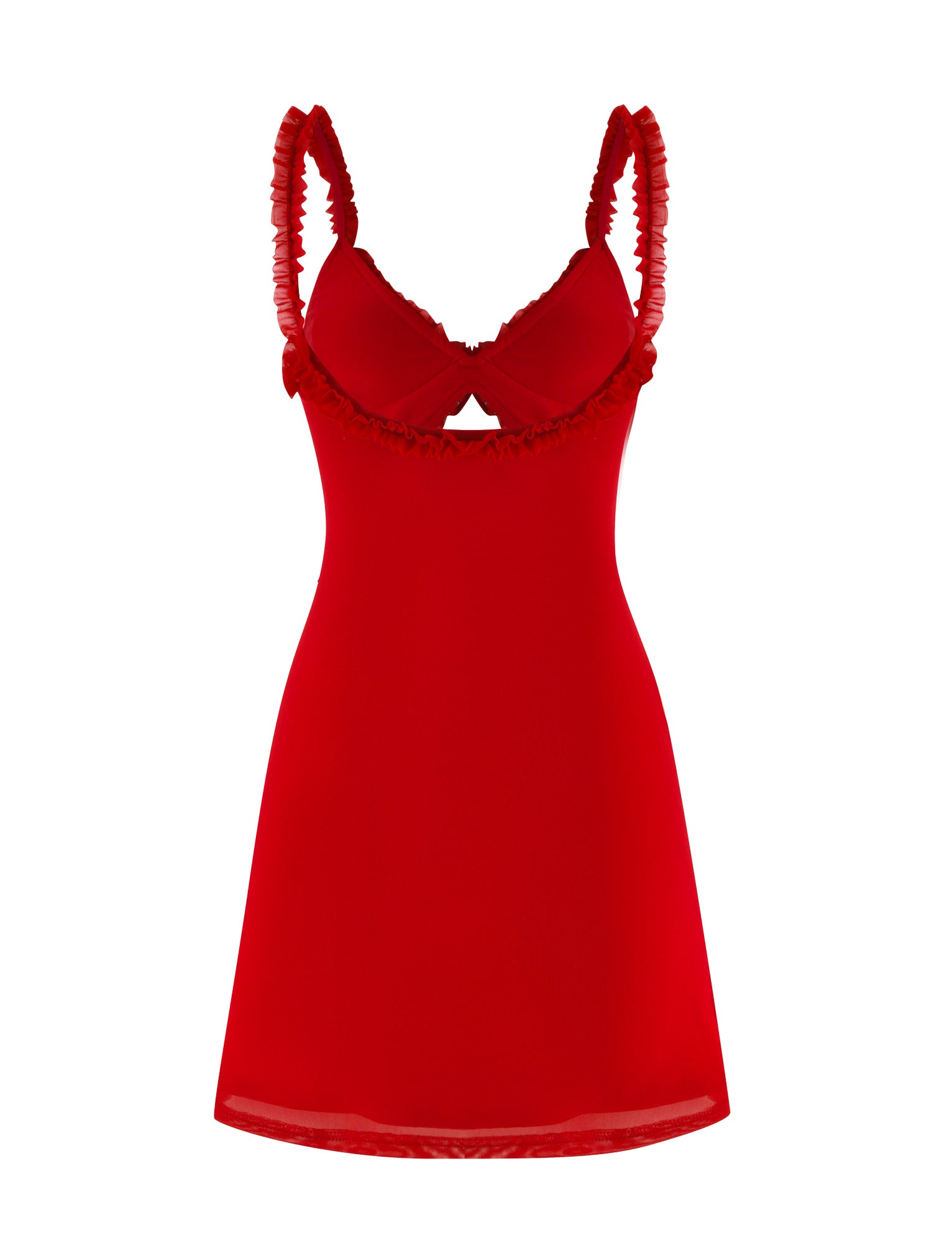 The RAYLA MINI DRESS - RED by TIGERMIST is a vibrant red, sleeveless piece featuring ruffled straps and a fitted bodice. The waistline is beautifully accentuated, and the mini-length dress flares out slightly towards the hem, creating a classic, elegant silhouette.
