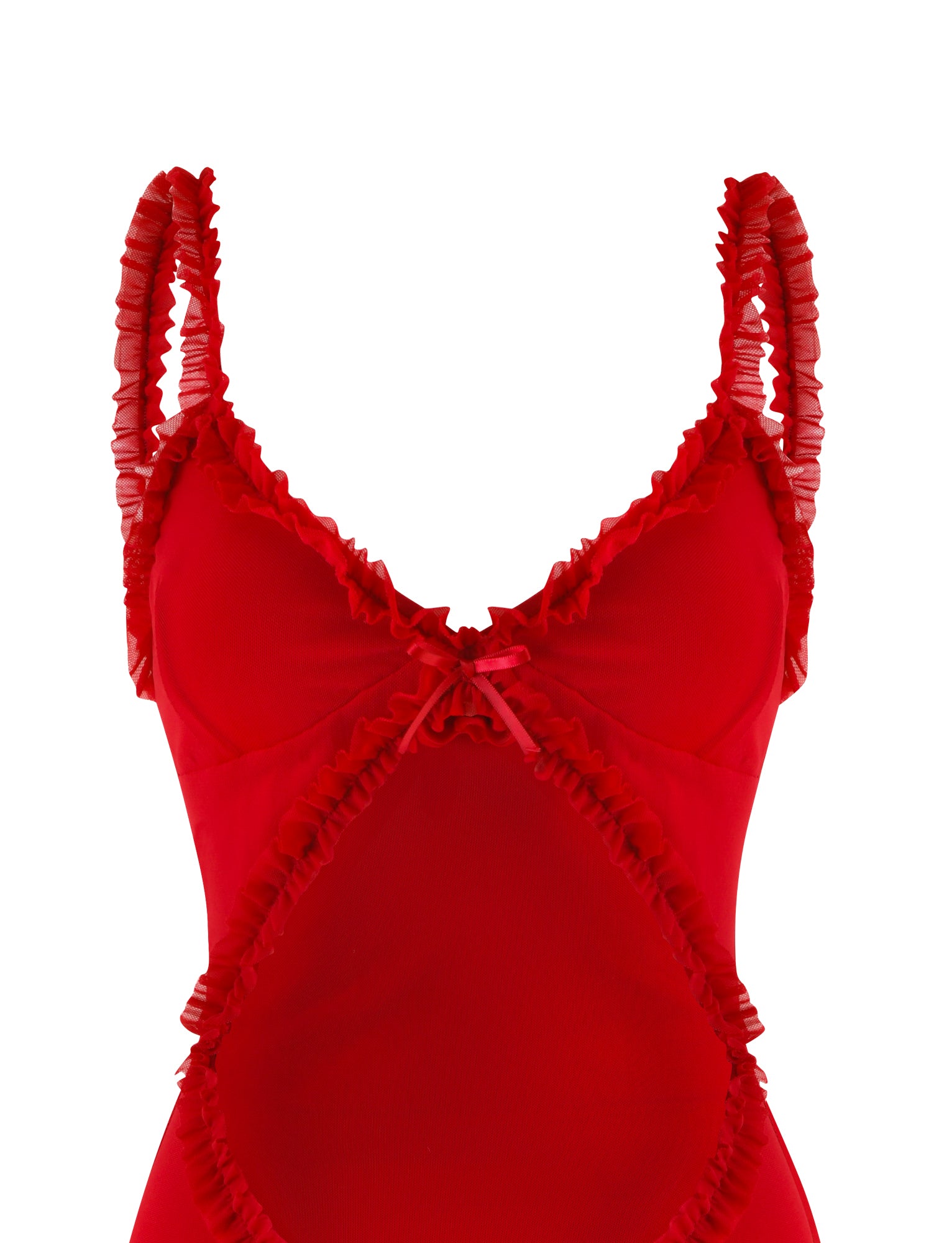 Introducing the RAYLA MINI DRESS - RED by TIGERMIST: a vibrant red lingerie piece featuring ruffled straps and a ruffled trim around the bust, with a cutout section just below. The fitted silhouette design includes a small bow detail in the center of the bust and ruffled detailing along the sides, making it an alluring addition to your wardrobe.