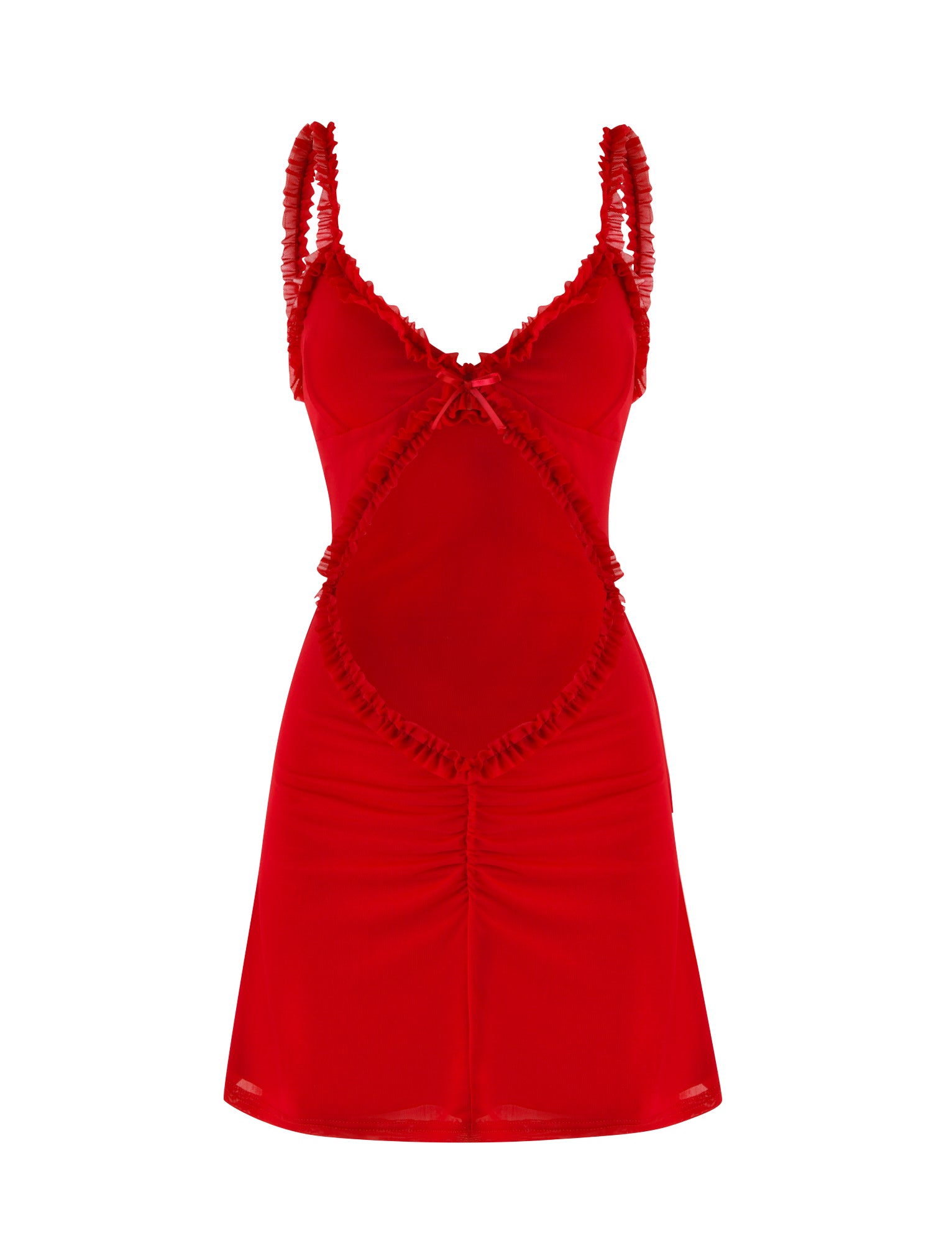 The RAYLA MINI DRESS - RED by TIGERMIST is a vibrant red mini dress featuring a fitted silhouette. It boasts ruffled straps, an intricate diamond-shaped ruffle detail at the center, and a ruched segment at the front for added texture. The hemline is straight and finishes above the knee for that perfect mini length.