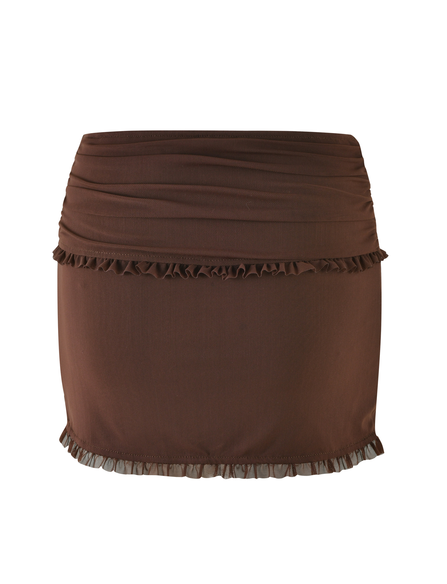 The GINNY SKORT - BROWN : CHOCOLATE by TIGERMIST is a fitted brown mini skort with a bodycon silhouette, ruched waist detailing, and ruffled trim on the hem and upper section, shown against a plain white background.
