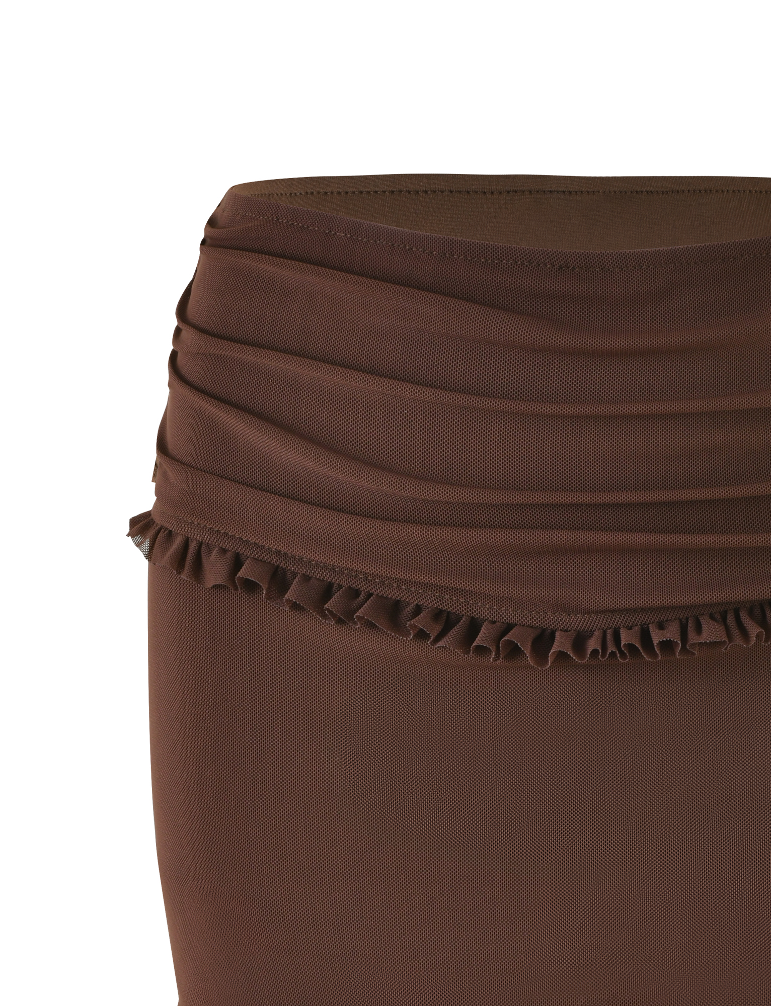 Close-up of the TIGERMIST GINNY SKORT in Chocolate Brown, featuring a ruched waistband, small ruffled trim, smooth texture, and a sleek bodycon silhouette for an elegant, fitted look.