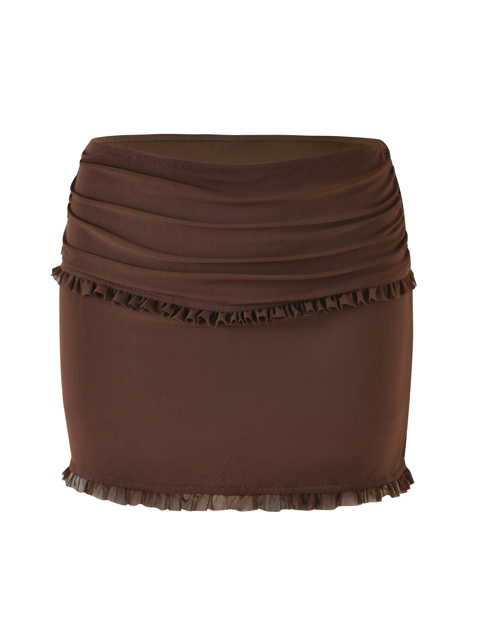 The TIGERMIST GINNY SKORT - BROWN : CHOCOLATE is a brown mini skort with a fitted bodycon silhouette, ruched top detailing, and ruffle trim along the hem and upper section.