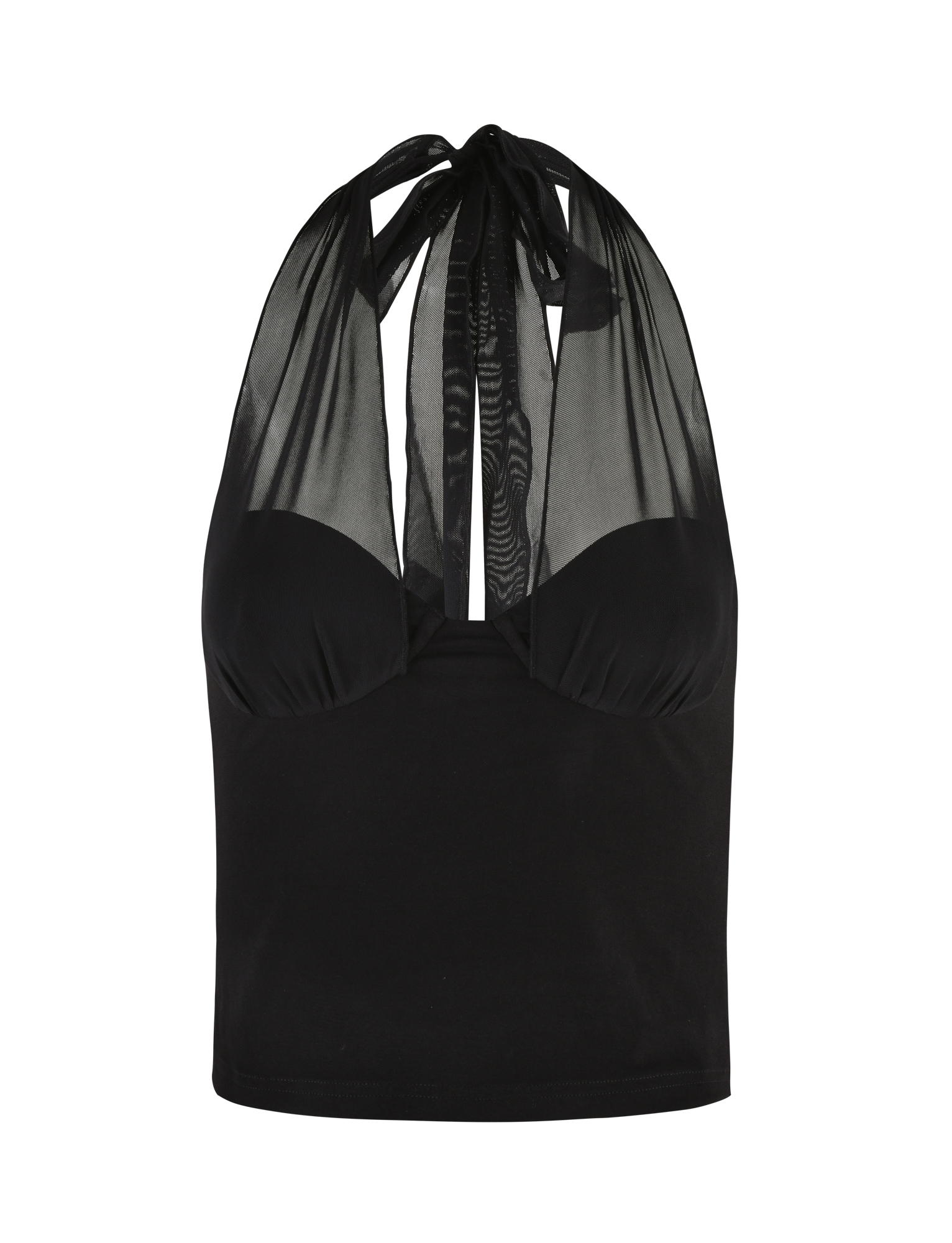 The GRANGER TOP - BLACK by TIGERMIST features a black halter neckline, sheer mesh covering the shoulders, a fitted bust, and a smooth solid lower part in a bodycon silhouette.