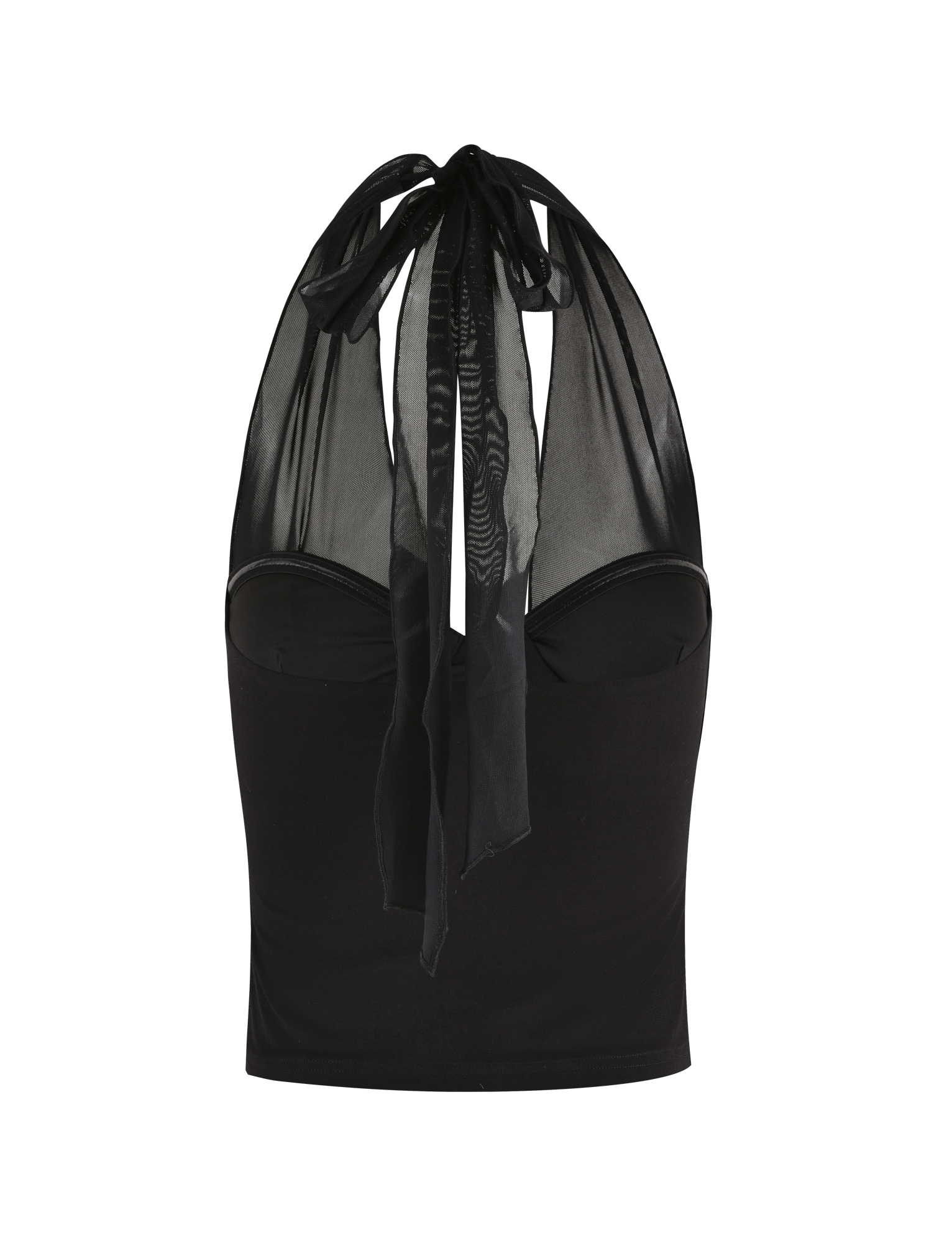 The GRANGER TOP - BLACK by TIGERMIST is a black sleeveless halter top with a sheer mesh panel, bow-tie neck, fitted bustier-style bodice, and high stretch for comfort.