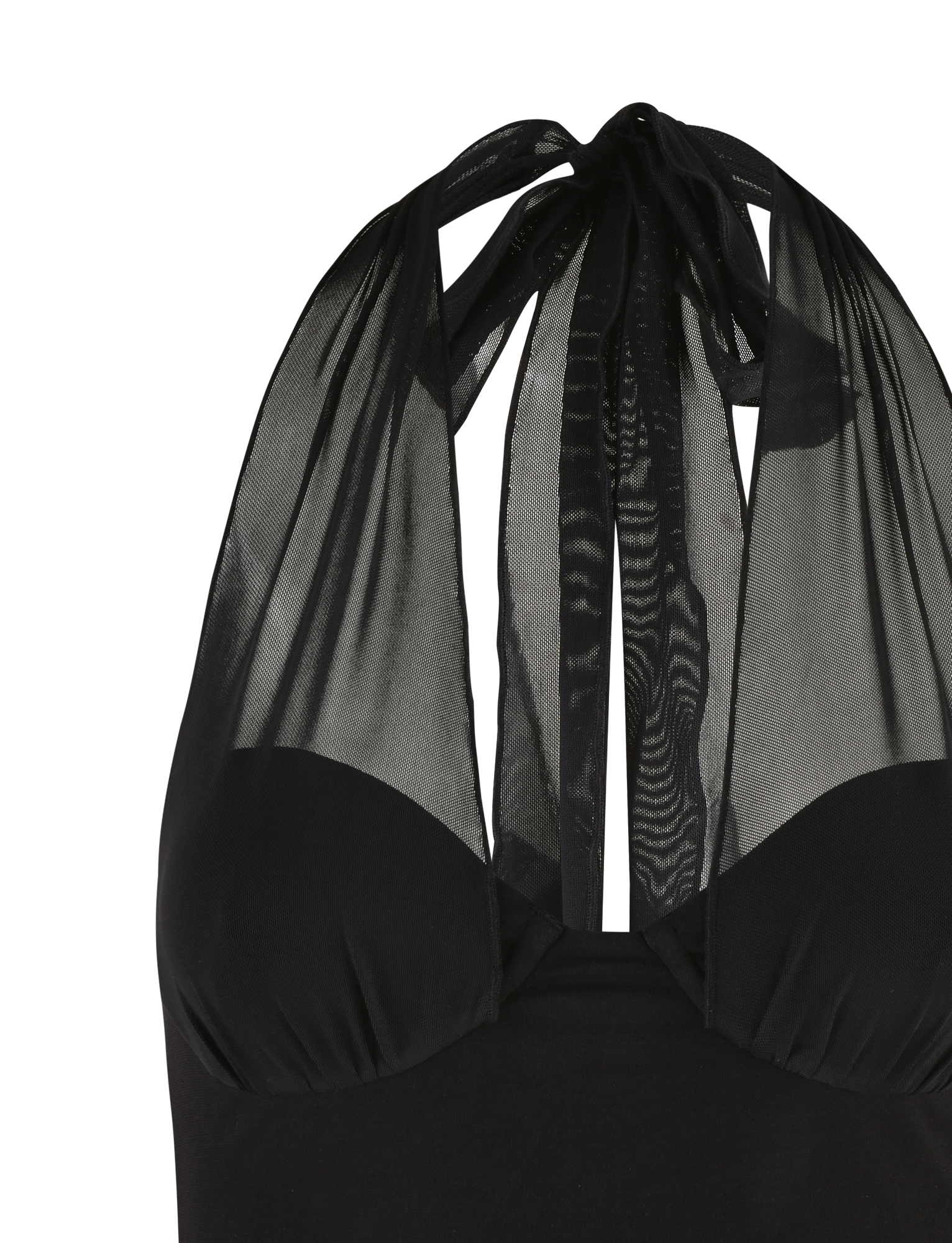 Close-up of the GRANGER TOP - BLACK by TIGERMIST, a black halter-neck style with sheer mesh at the neckline, gathered tie-back, solid bust coverage, and a curve-hugging bodycon fit.