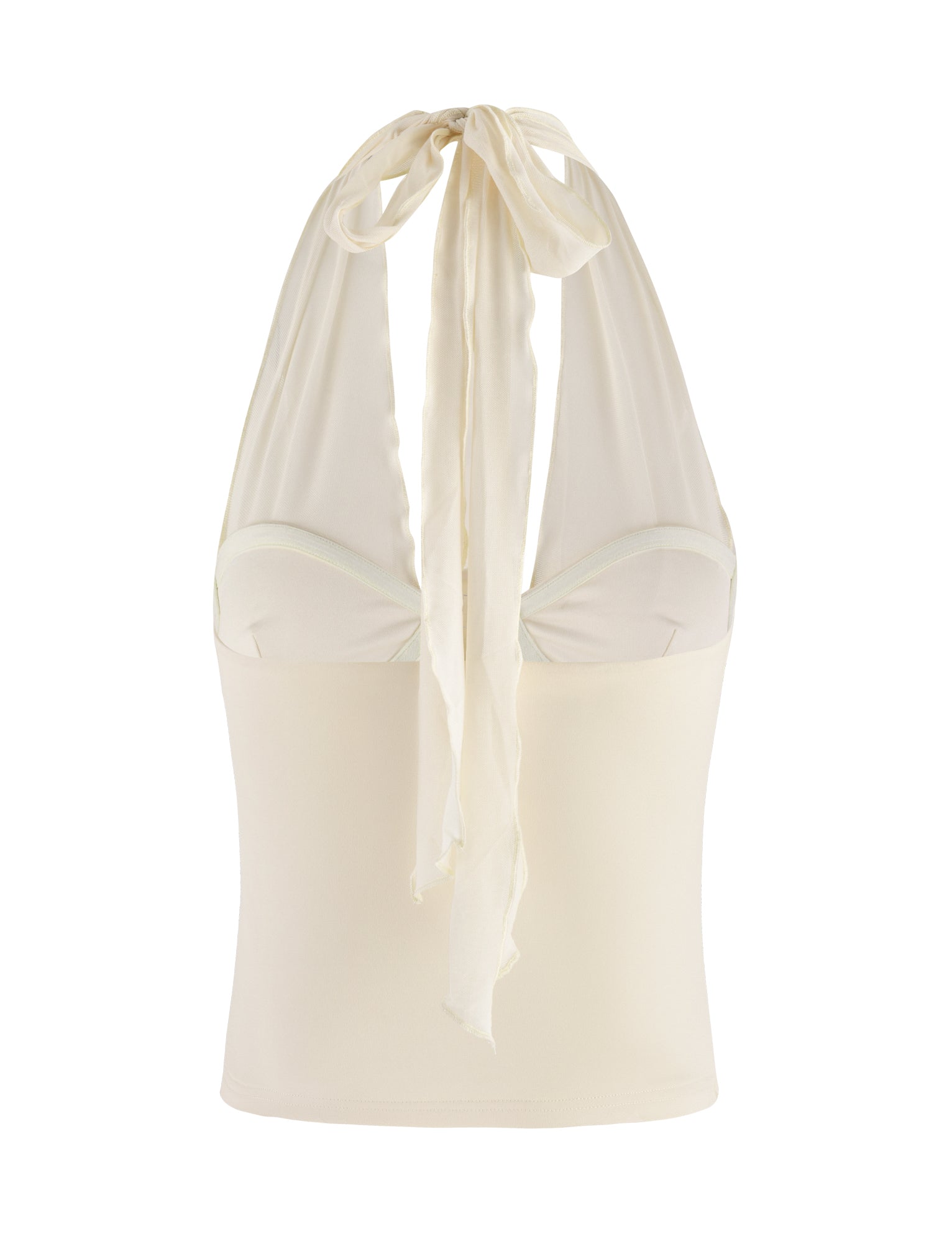 Introducing the Granger Top from Tigermist: a cream-colored, halter-style top featuring a charming bow-tie detail at the back. This bodycon fit highlights a fitted bustier design crafted from soft fabric with a subtle sheen, and the straps elegantly form a V-neckline in front.