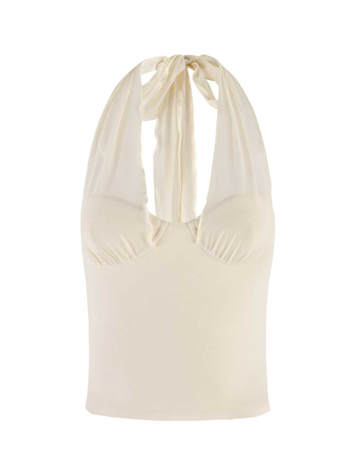 The GRANGER TOP - WHITE : CREAM by TIGERMIST showcases a halter neckline with a tied design and a ruched bust. Made from soft, form-fitting fabric, this sleeveless top provides a flattering bodycon fit, ideal for warm weather.