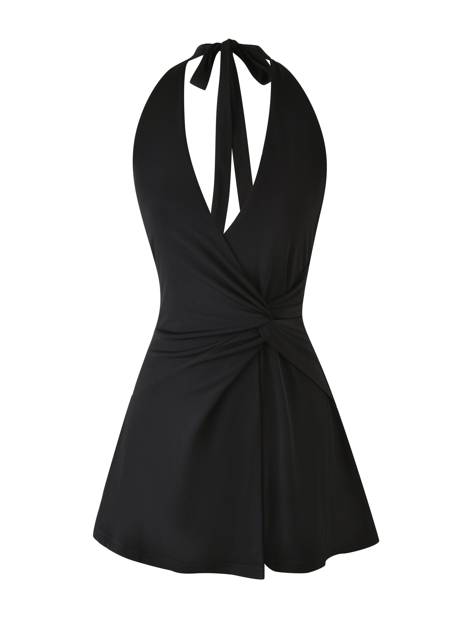 Introducing the PARRIS MINI DRESS by TIGERMIST, a black halter neck creation featuring a deep V-neckline and knot detail at the waist, elegantly mimicking a sleek mini dress. This piece showcases a smooth fabric finish with ties that fasten gracefully at the back of the neck.