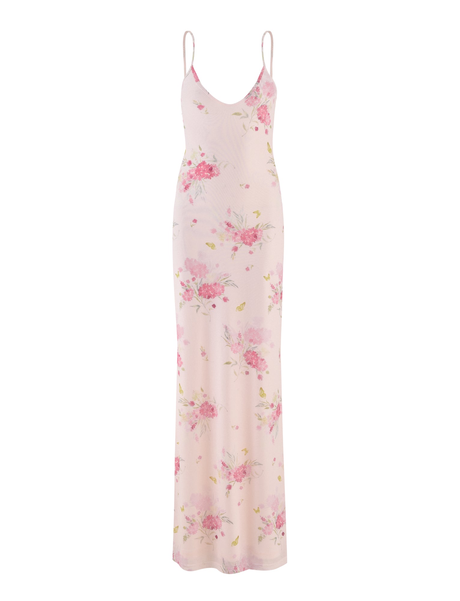 Introducing the OSIRIS DRESS by TIGERMIST, a stunning long, sleeveless dress with adjustable shoulder straps. This elegant piece features a watercolor floral design in soft pink hues, with pastel flower prints gracefully scattered across its smooth fabric.