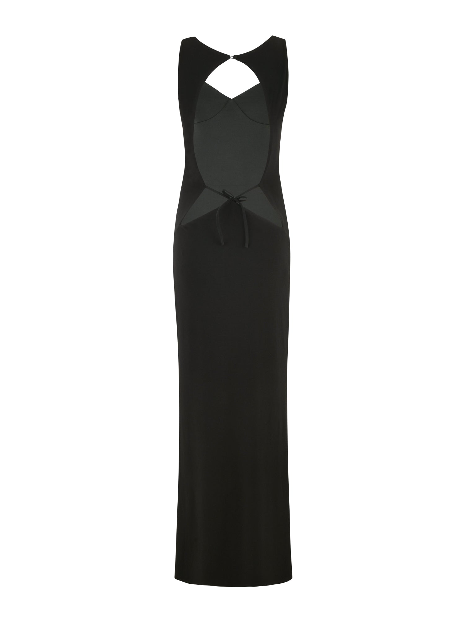 Introducing the SONNET MAXI DRESS - BLACK by TIGERMIST: a floor-length, sleeveless black gown with an elegant sweetheart neckline and open back. The sophisticated silhouette is enhanced by a prominent front cut-out adorned with a delicate waist bow.