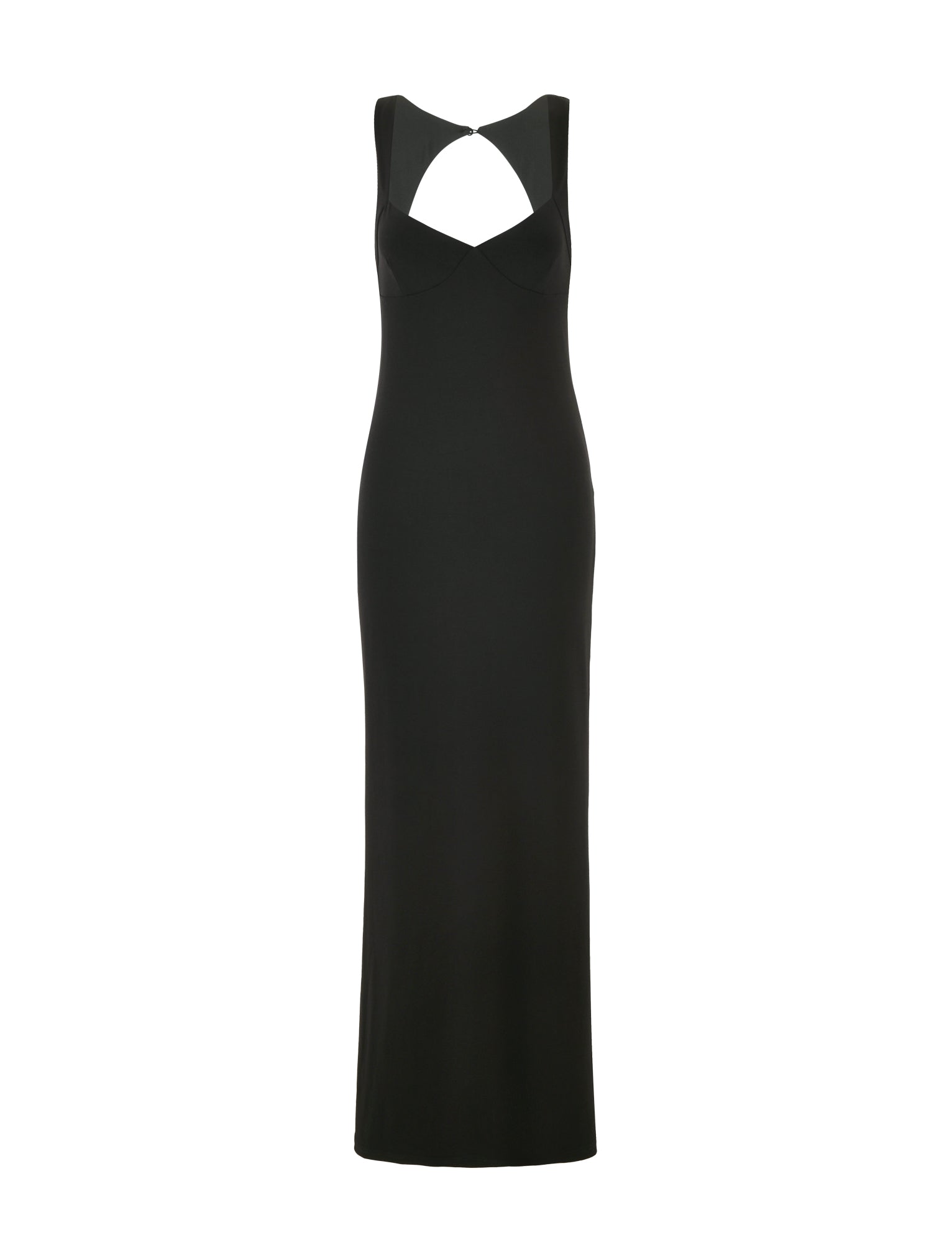 Introducing the TIGERMIST Sonnet Maxi Dress: a long black gown with a fitted silhouette. It features a stunning sweetheart neckline and open back design, complemented by unique cut-outs near the chest and shoulder straps, creating an elegant, modern look. The hemline gracefully extends to the floor.
