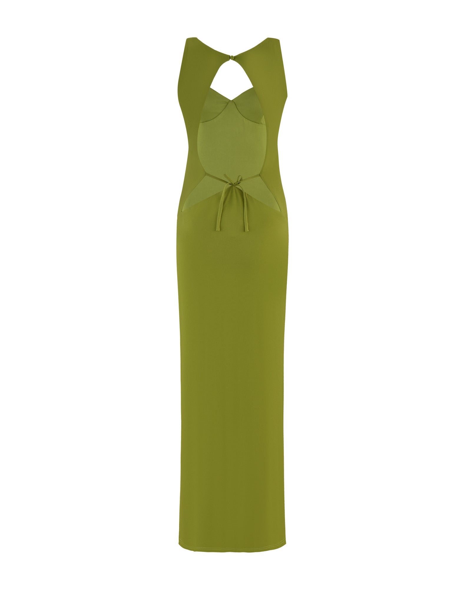 The SONNET MAXI DRESS - GREEN by TIGERMIST is a sleeveless, halter neck maxi dress that features an eye-catching cutout pattern on the front and a waist tie detail, providing a stylish and contemporary appearance.