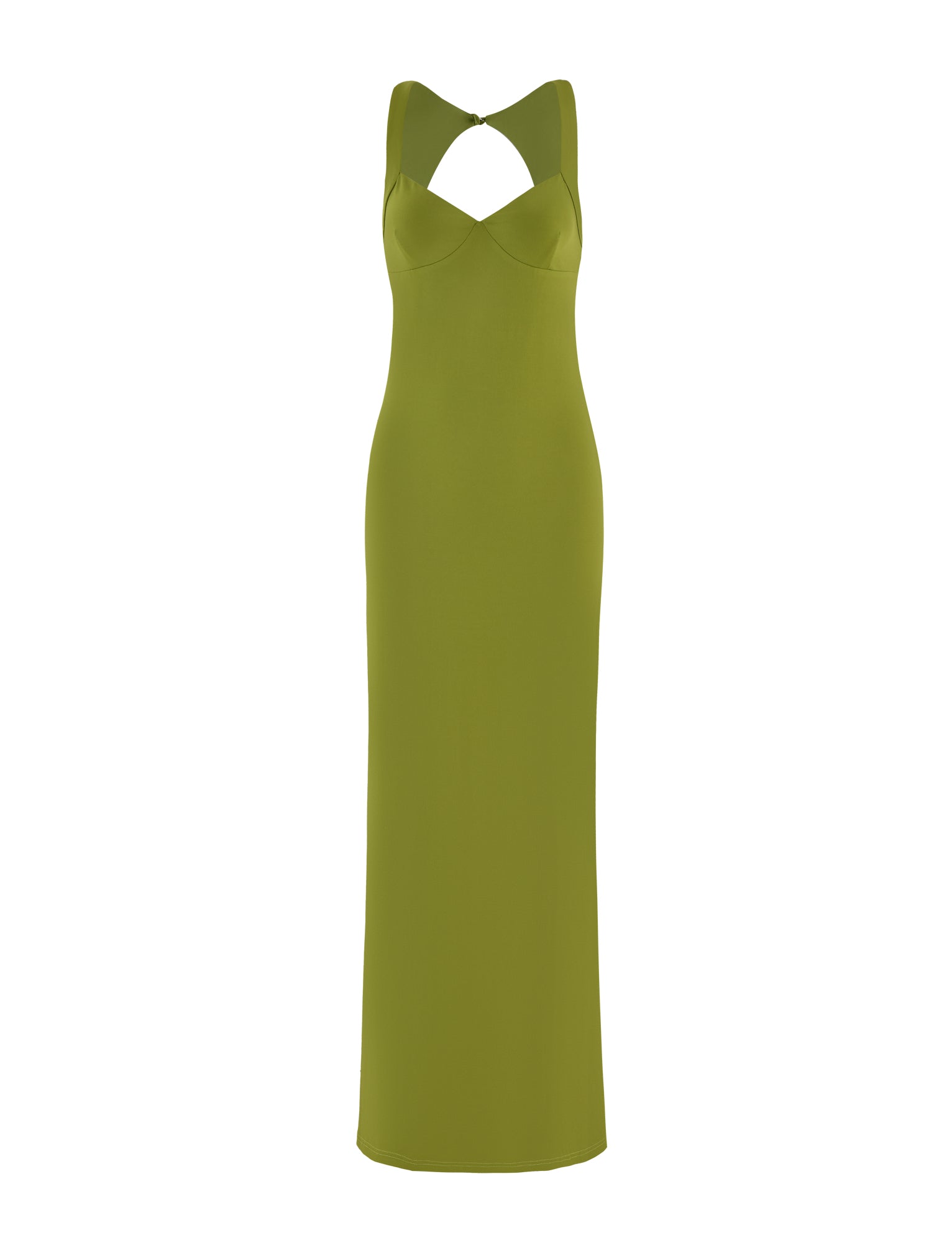 Introducing the SONNET MAXI DRESS from TIGERMIST, a stylish sleeveless piece in olive green that features a fitted design and elegant maxi length. This charming dress showcases a unique cut-out detail at the chest and boasts a sleek silhouette.