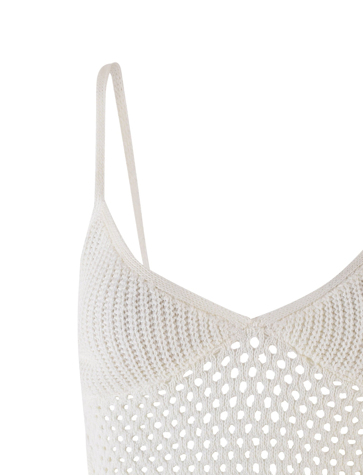 Close-up of the RAMSEY TOP - WHITE by TIGERMIST, showcasing its white crochet finish with thin, adjustable shoulder straps and a textured, airy design. The fabric highlights a pattern of small, evenly spaced holes and features a stylish crop length.