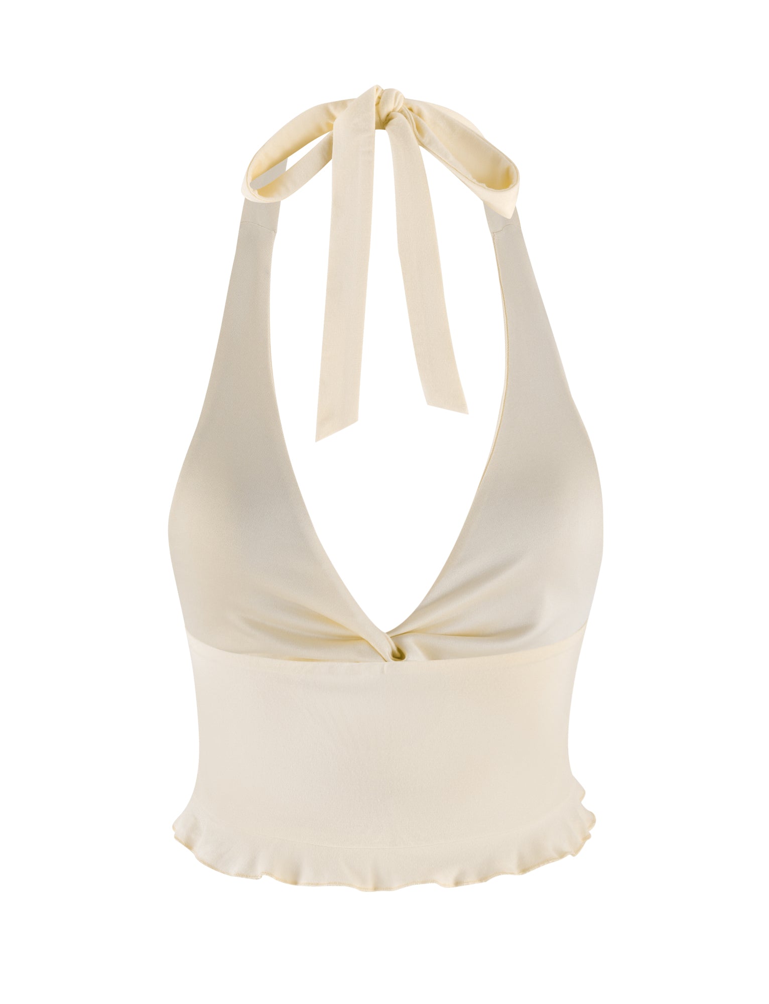 The TIGERMIST KATYA HALTER TOP in white and cream showcases a deep V-neck with a chic twist tie. Made from smooth fabric, it features a slightly ruffled hem, offering an elegant design that's perfect for any outing.