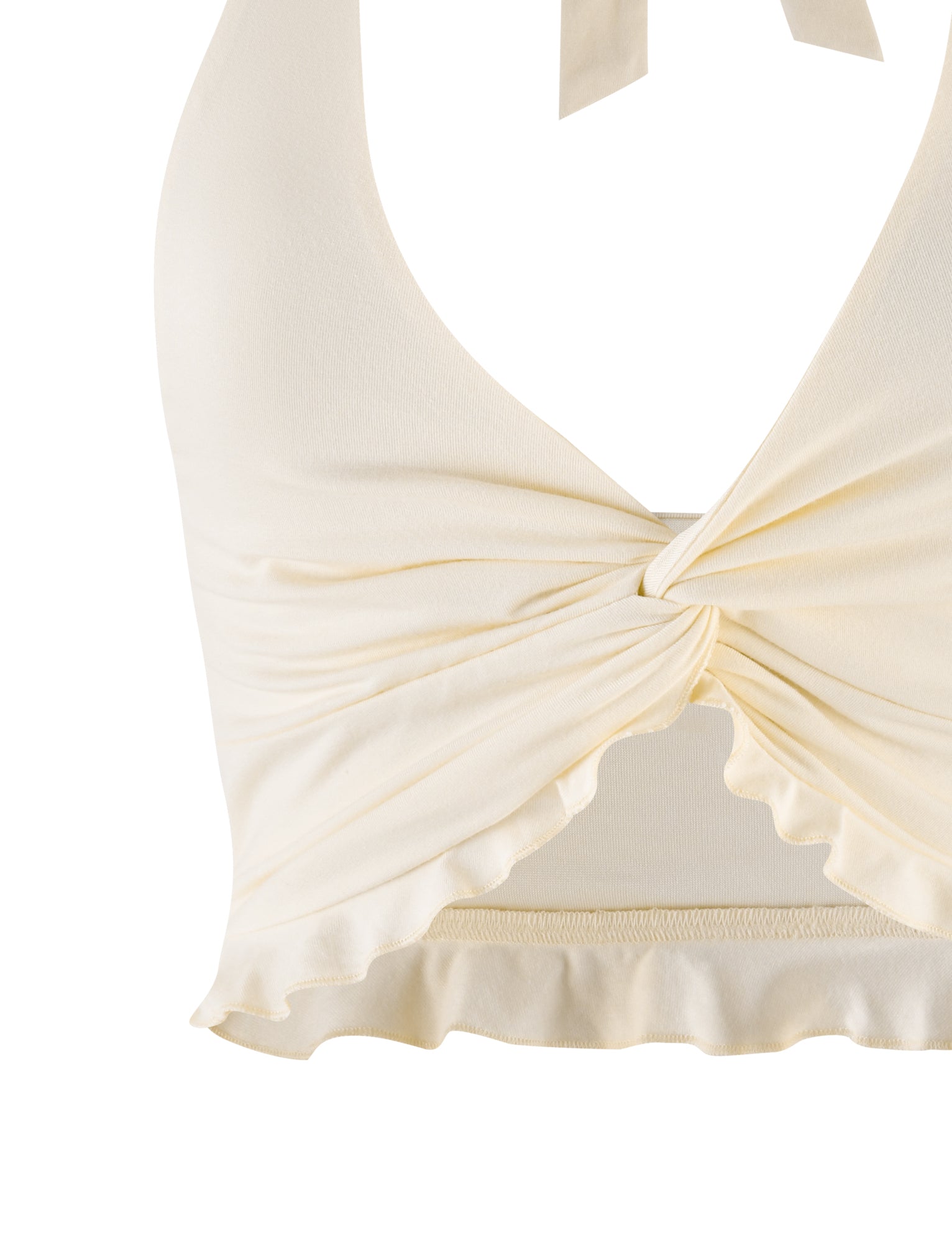 The KATYA HALTER TOP - WHITE : CREAM by TIGERMIST is a cream halter neck top with a deep V-neck and central twist detail. It features soft, slightly textured fabric and a wavy hemline at its cropped length.