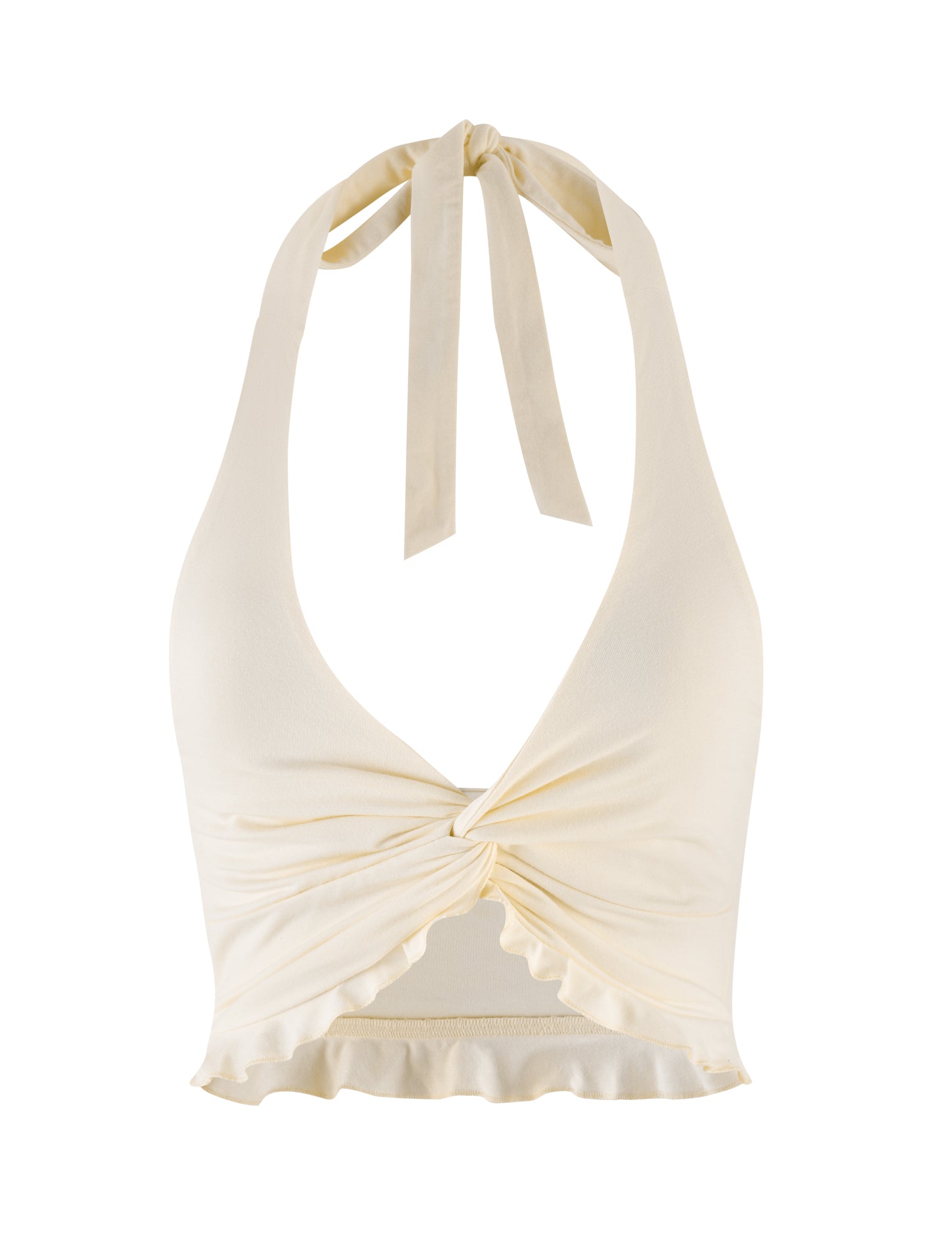 The TIGERMIST KATYA HALTER TOP comes in a chic cream color with a sleeveless design, featuring a stylish front twist, neck tie, wavy hemline, and cropped length. Made from soft and stretchy fabric.