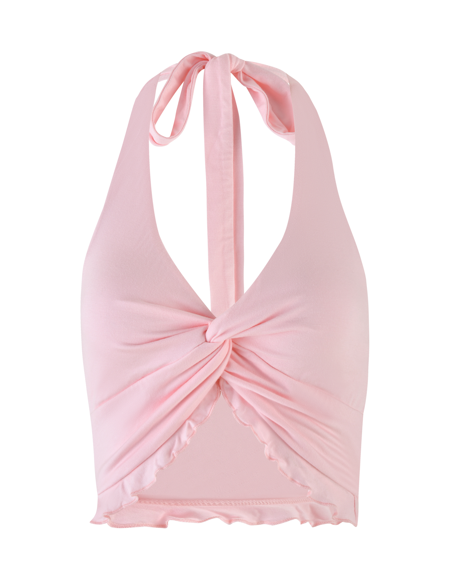 The TIGERMIST KATYA HALTER TOP in pale pink features a front knot, twist details, ruched accents, a ruffled hem, and ties behind the neck. Crafted from soft, stretchy fabric for comfort.