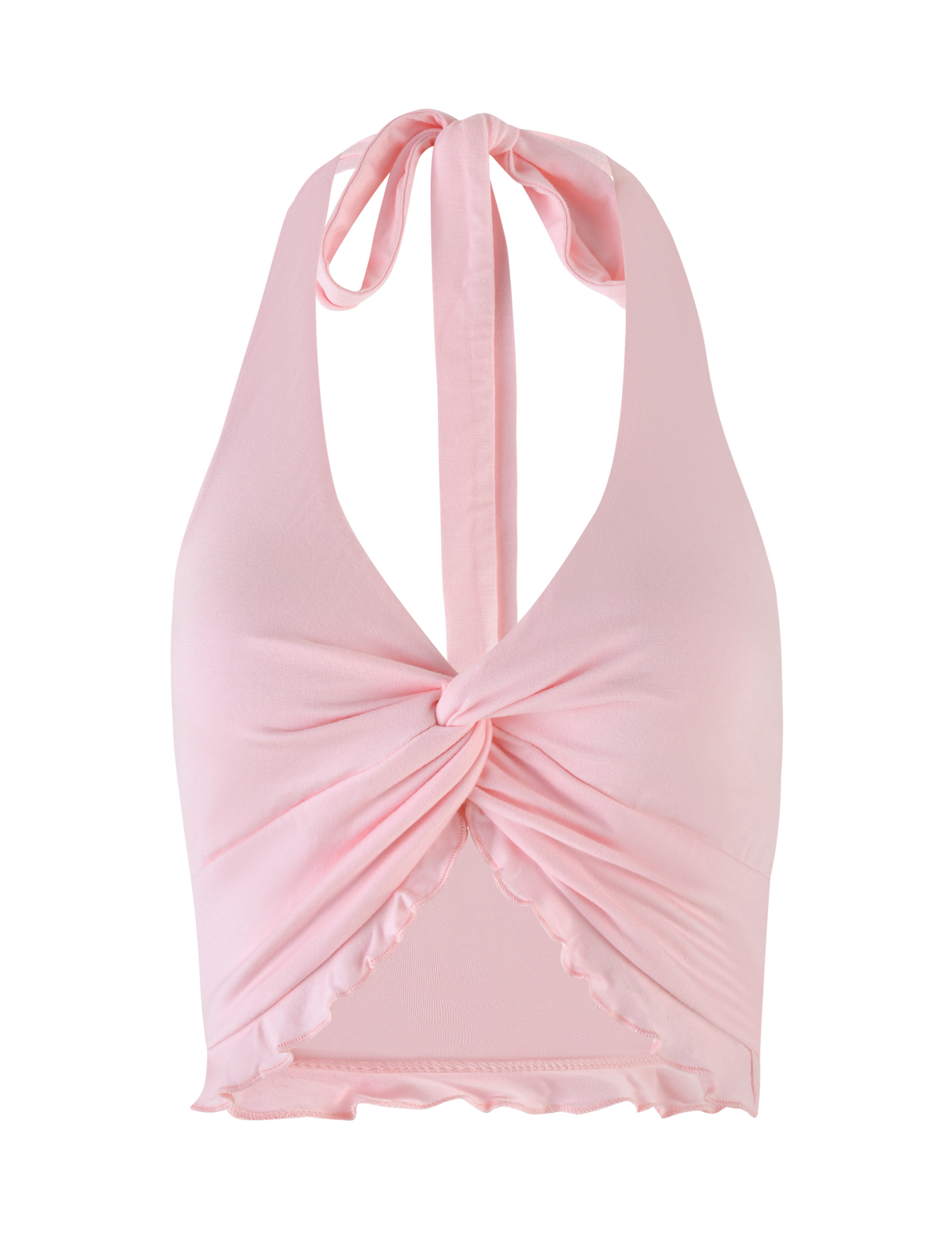 The TIGERMIST KATYA HALTER TOP in pale pink features a front knot, twist details, ruched accents, a ruffled hem, and ties behind the neck. Crafted from soft, stretchy fabric for comfort.