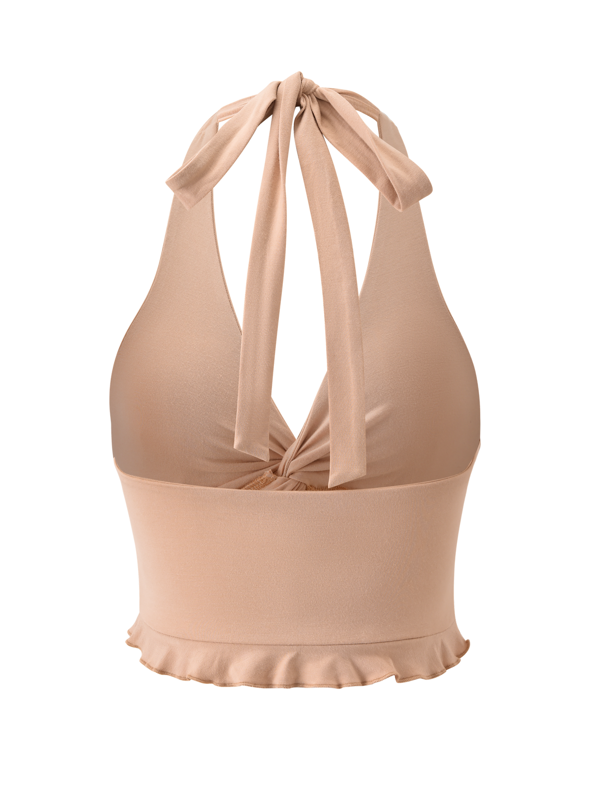 The KATYA TOP - TAN by TIGERMIST is a beige halter neck top with a front twist detail, open back, and ruffled hem, shown against a plain white background.