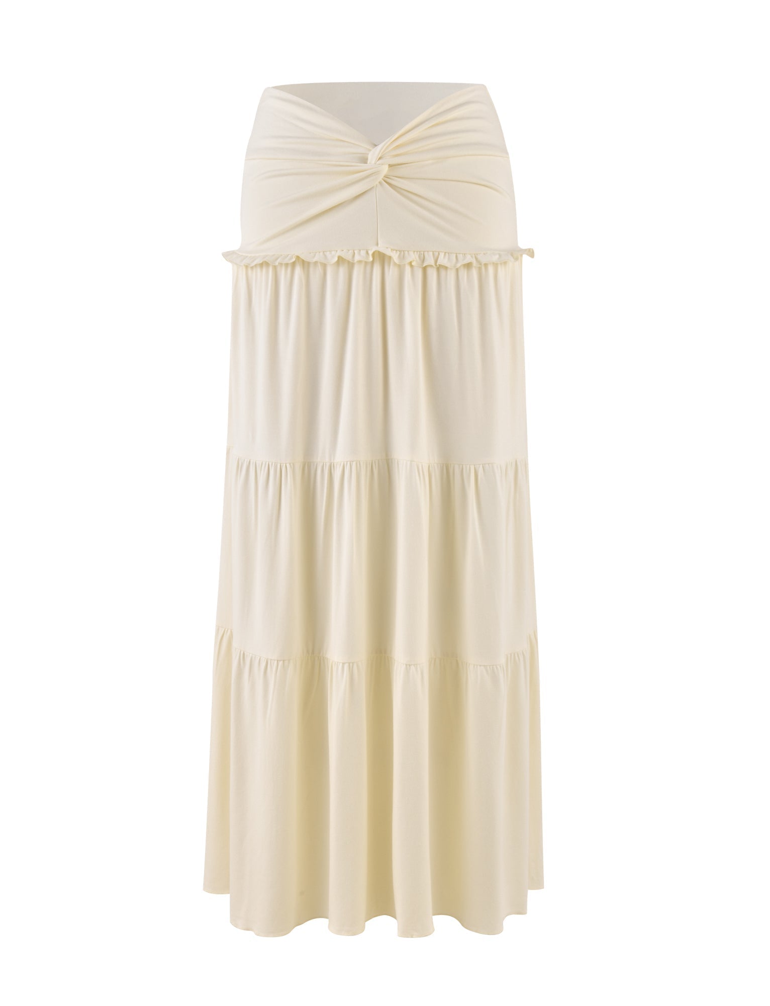 The KATYA MAXI SKIRT - WHITE : CREAM by TIGERMIST boasts a knotted waistband and tiered panels, crafted from soft jersey for effortless elegance.