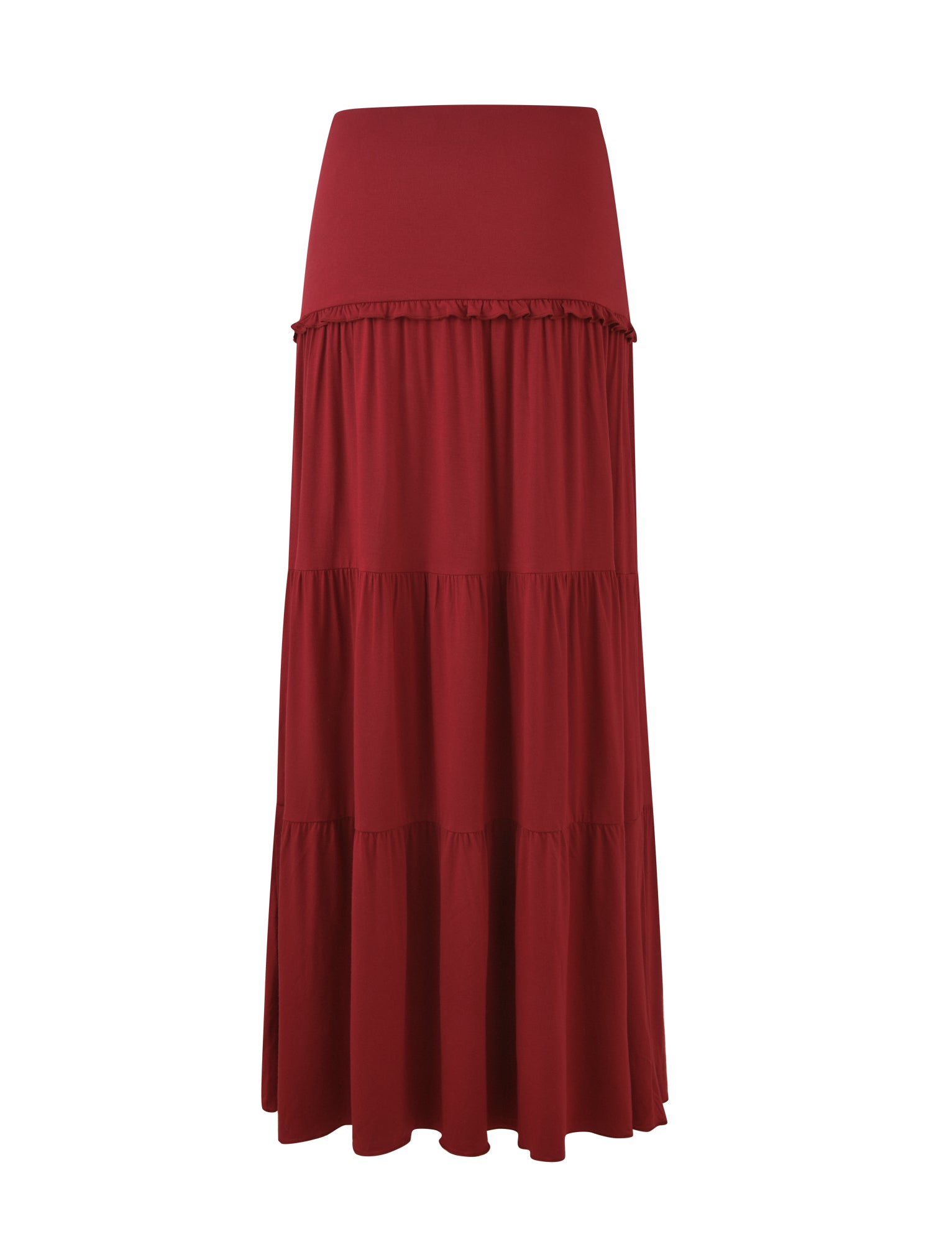 The TIGERMIST KATYA MAXI SKIRT - RED is a high-waist, flowing skirt with multiple tiers for texture and volume, crafted from high-stretch fabric for comfort and style.