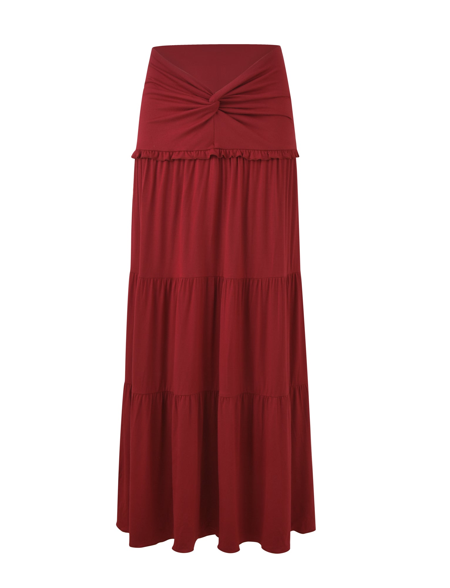 The KATYA MAXI SKIRT - RED by TIGERMIST is a long burgundy skirt with a wide waistband, high waist, and gathered tiered design. The fabric drapes slightly at the waist for added texture and offers high stretch for comfort.