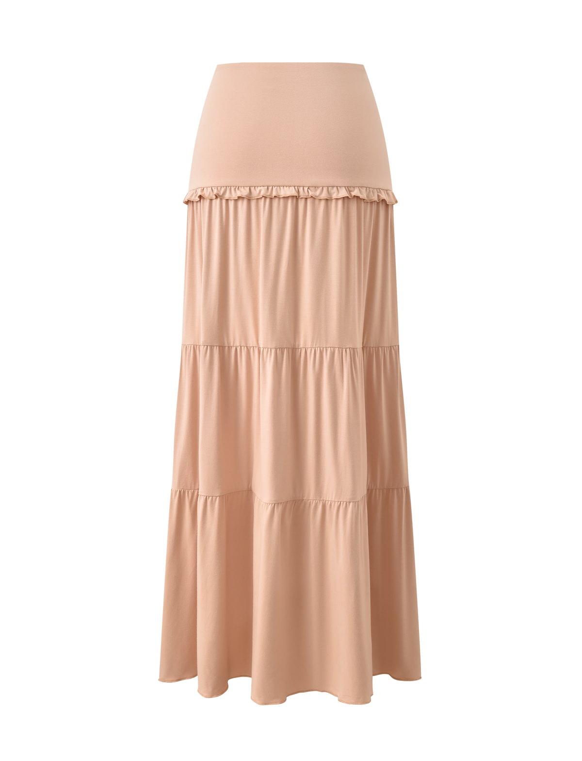The TIGERMIST KATYA MAXI SKIRT in tan features a full lining, tiered design, wide waistband, and soft, flowing fabric, shown against a white background.