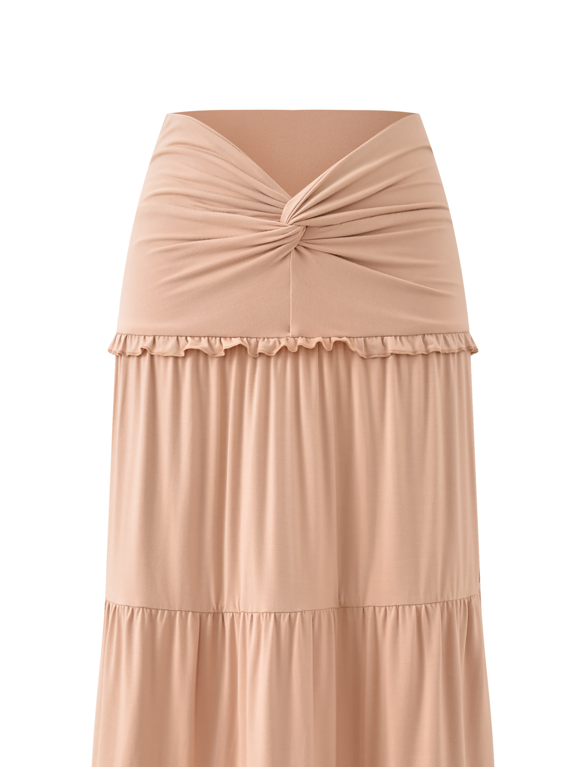 The TIGERMIST KATYA MAXI SKIRT in tan features a light beige, tiered design with a wide twisted knot waistband, subtle ruffle trim, soft lightweight fabric, and full lining for comfort.