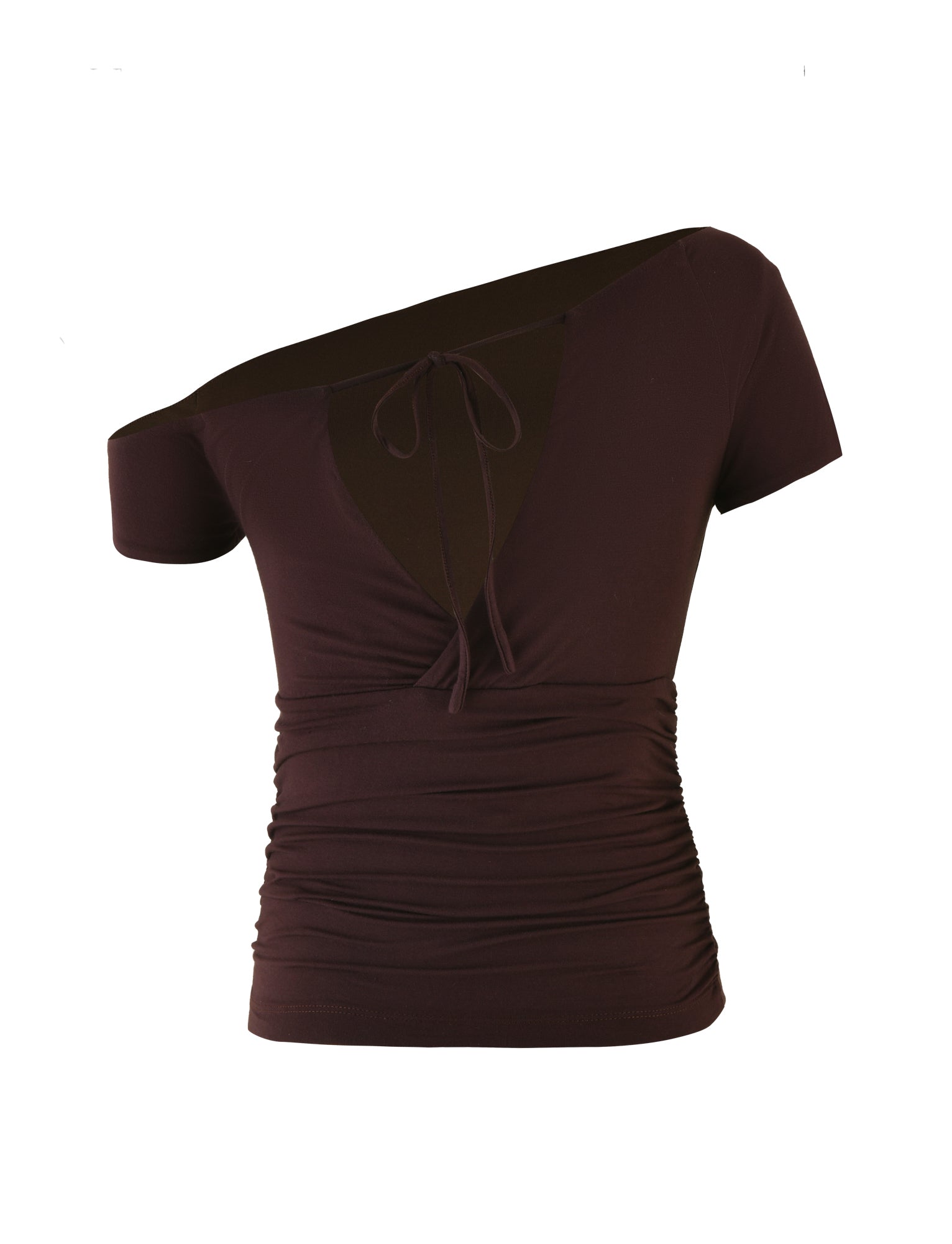 Introducing the LEILANI TOP in chocolate brown by TIGERMIST, a modern short-sleeved piece with an off-the-shoulder design crafted from soft jersey. It features a gathered waist and a tie detail at the asymmetrical neckline for a chic look.