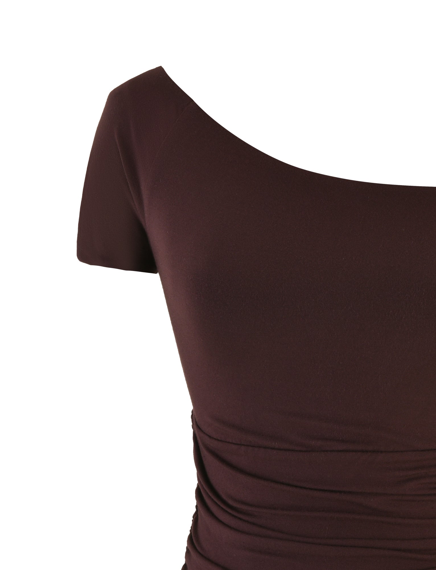 A close-up of the TIGERMIST LEILANI TOP in chocolate brown, showcasing its smooth, buttery jersey fabric. This off-the-shoulder top with short sleeves features subtle ruching on the side.