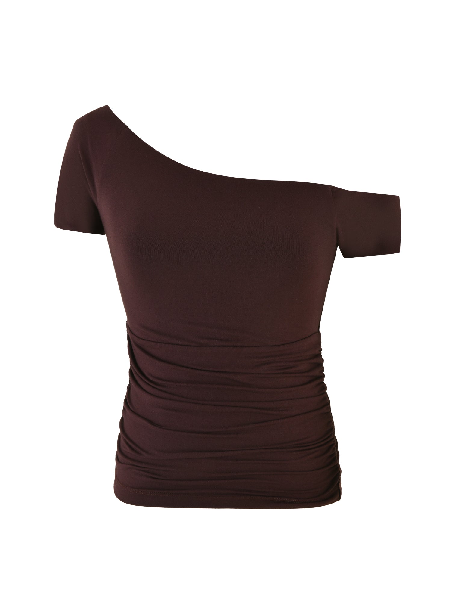 The LEILANI TOP in chocolate brown by TIGERMIST is a sophisticated, fitted piece with an asymmetrical neckline, showcasing a one-shoulder design crafted from buttery jersey and enhanced with ruched detailing on the side.