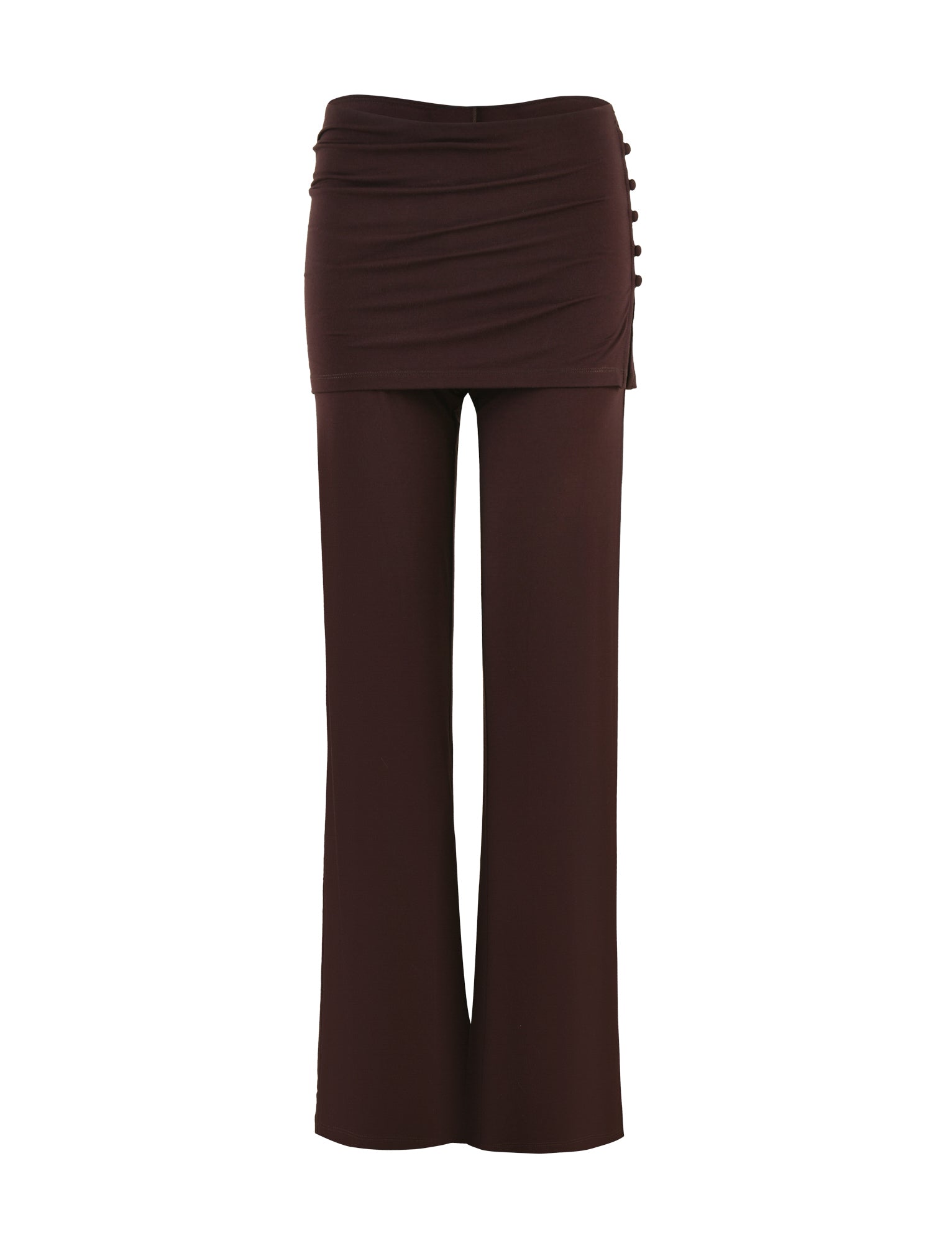 The LEILANI PANT - BROWN: CHOCOLATE by TIGERMIST is a pair of dark chocolate wide-leg pants made from high stretch fabric, featuring a fitted, ruched waistband and decorative buttons on the side.