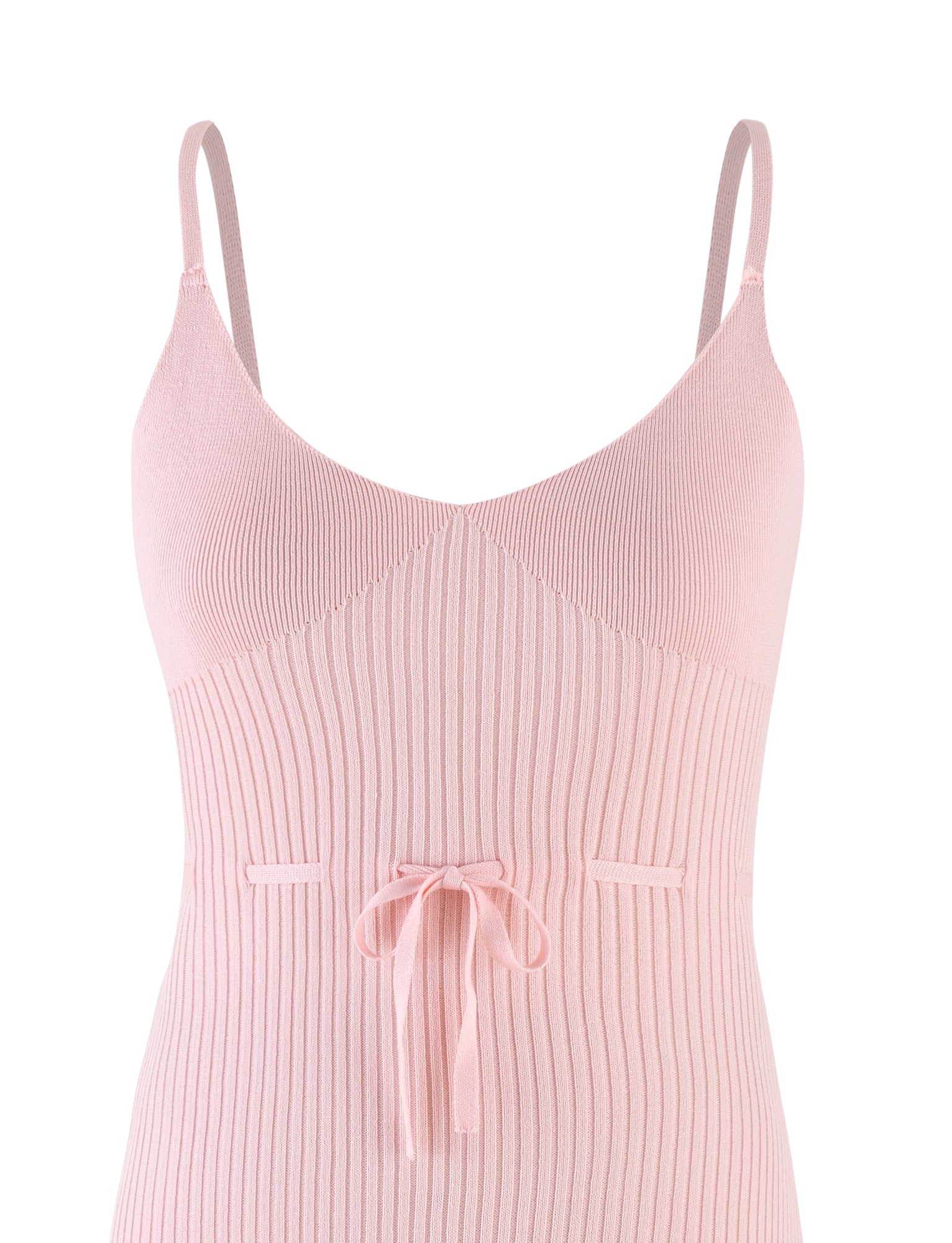 The GREER DRESS in Baby Pink by TIGERMIST is a delightful mini dress made from ribbed knit fabric, showcasing thin tie shoulder straps and a ribbon tie at the waist. It features a fitted bodice that extends below the waist against a plain white background.
