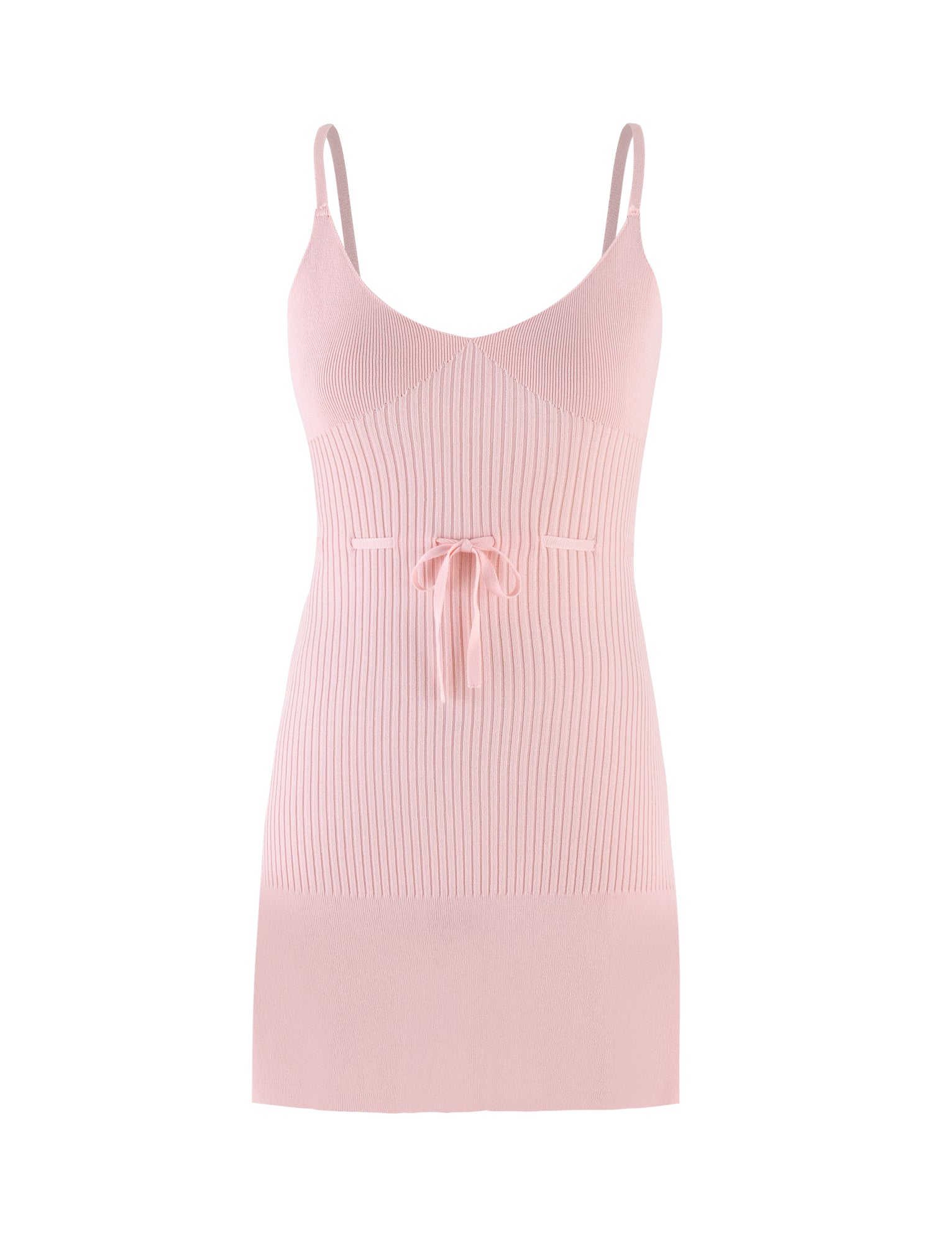 A dress from TIGERMIST, the GREER DRESS in Baby Pink, features true-tie shoulder straps and a front tie detail, beautifully showcased against a white backdrop.