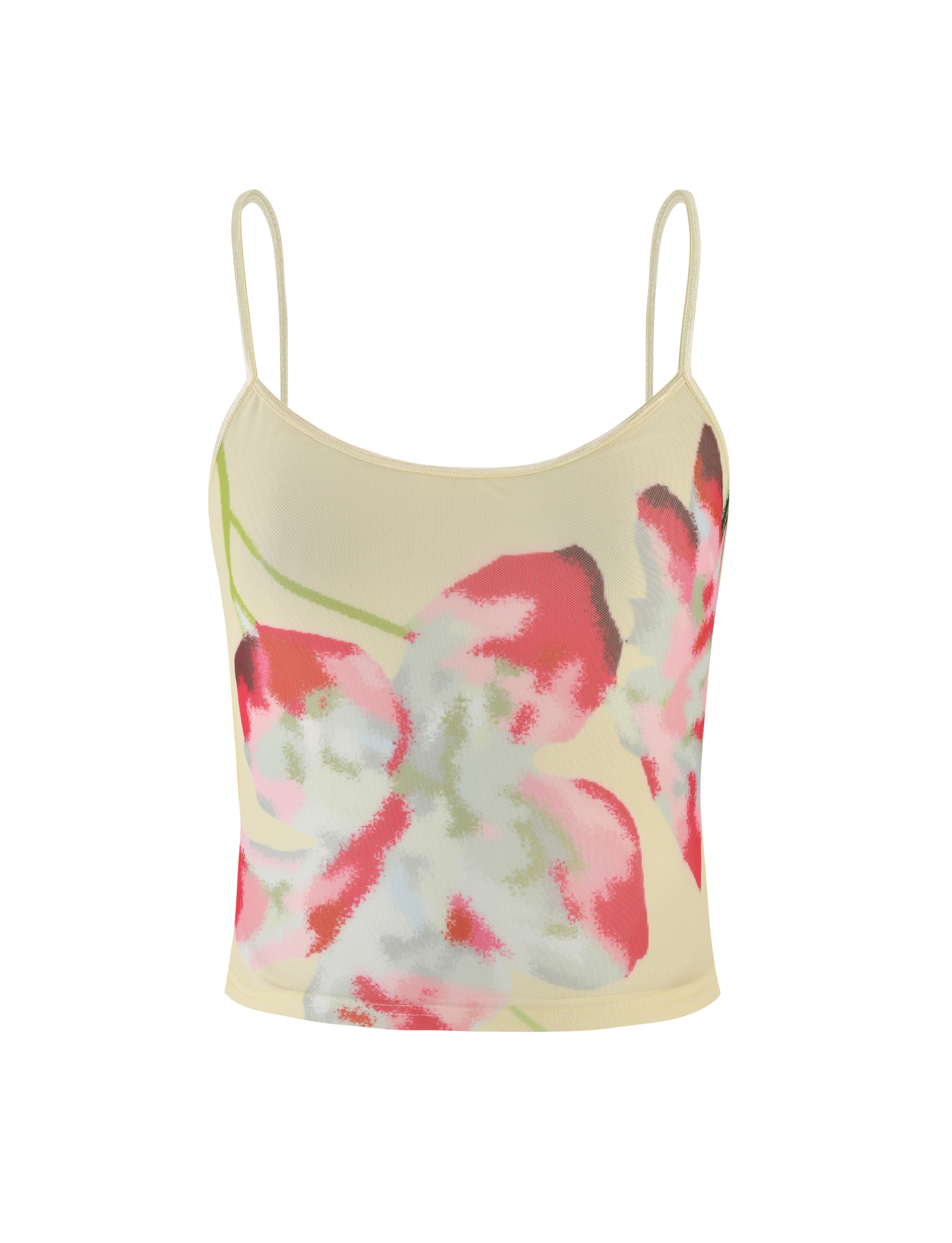 The TIGERMIST MARIANA TOP in pale yellow is a camisole with adjustable straps, showcasing a bold abstract red and pink floral print on the front.