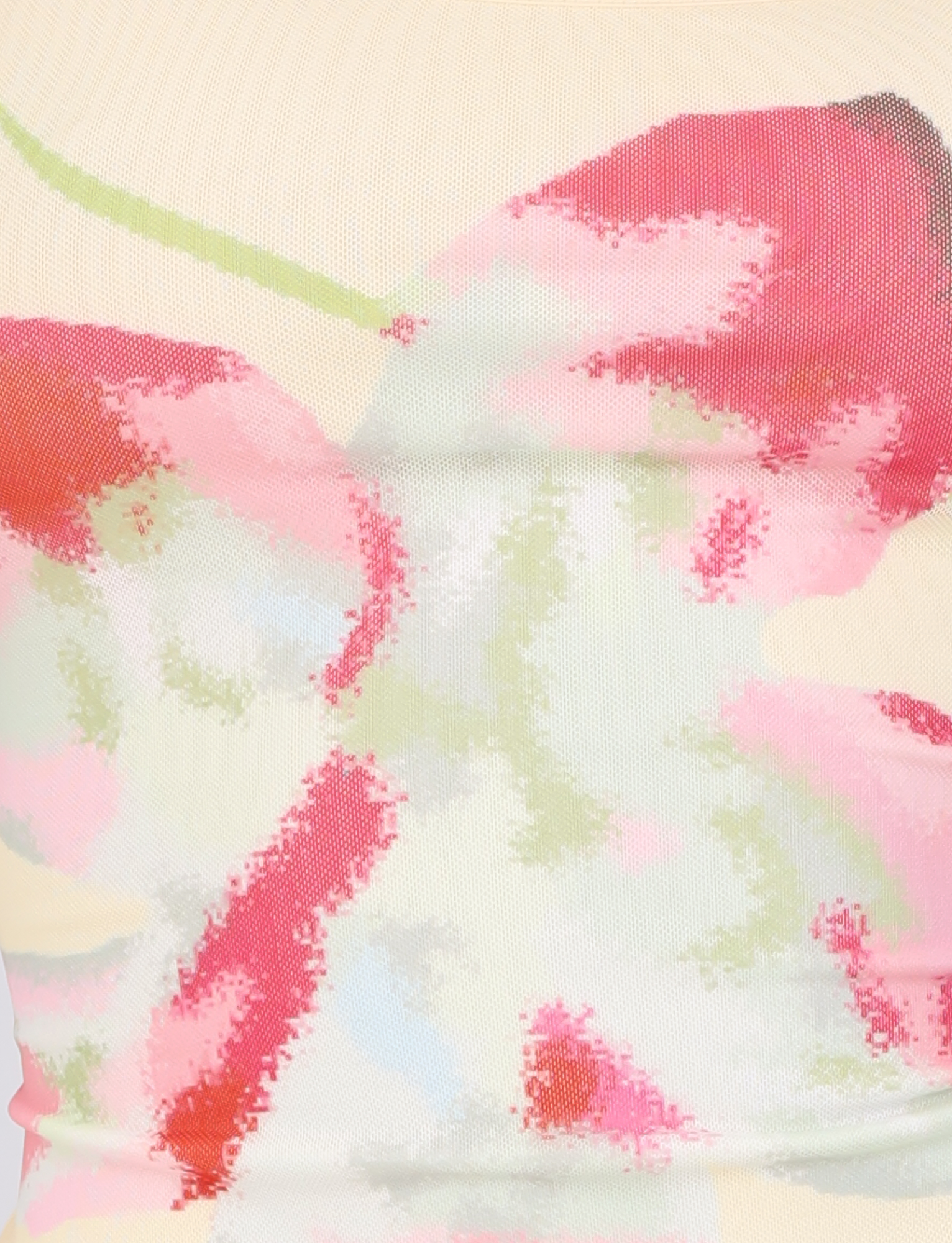 Abstract digital print with red, pink, and green pixel shapes on cream background resembles a floral design—perfect to pair with the TIGERMIST MARIANA TOP in pale yellow, featuring adjustable shoulder straps.
