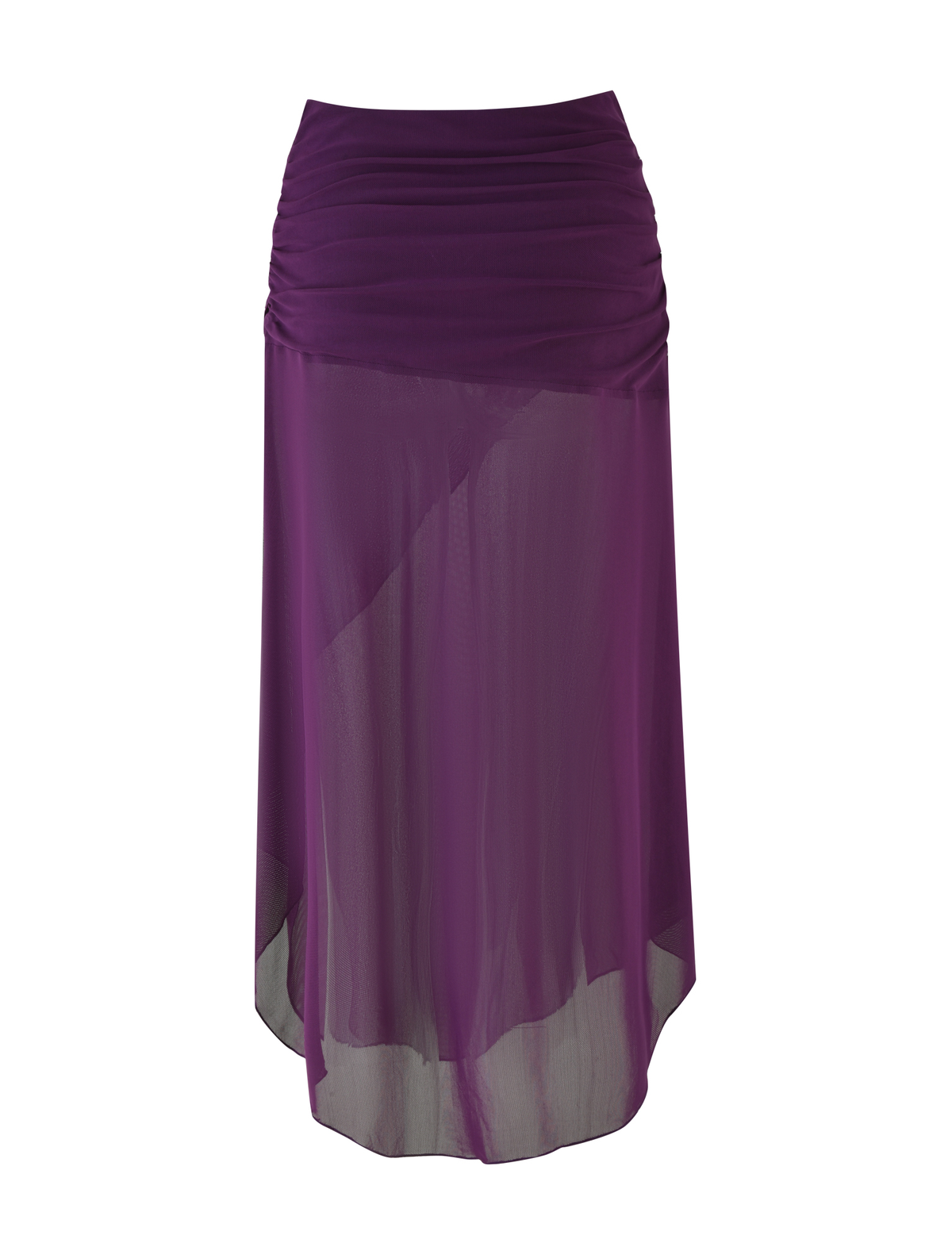 The TIGERMIST MARIANA SKIRT - PURPLE is a long, sheer skirt with a ruched waistband and an asymmetric wrap hem, shown on a white background.