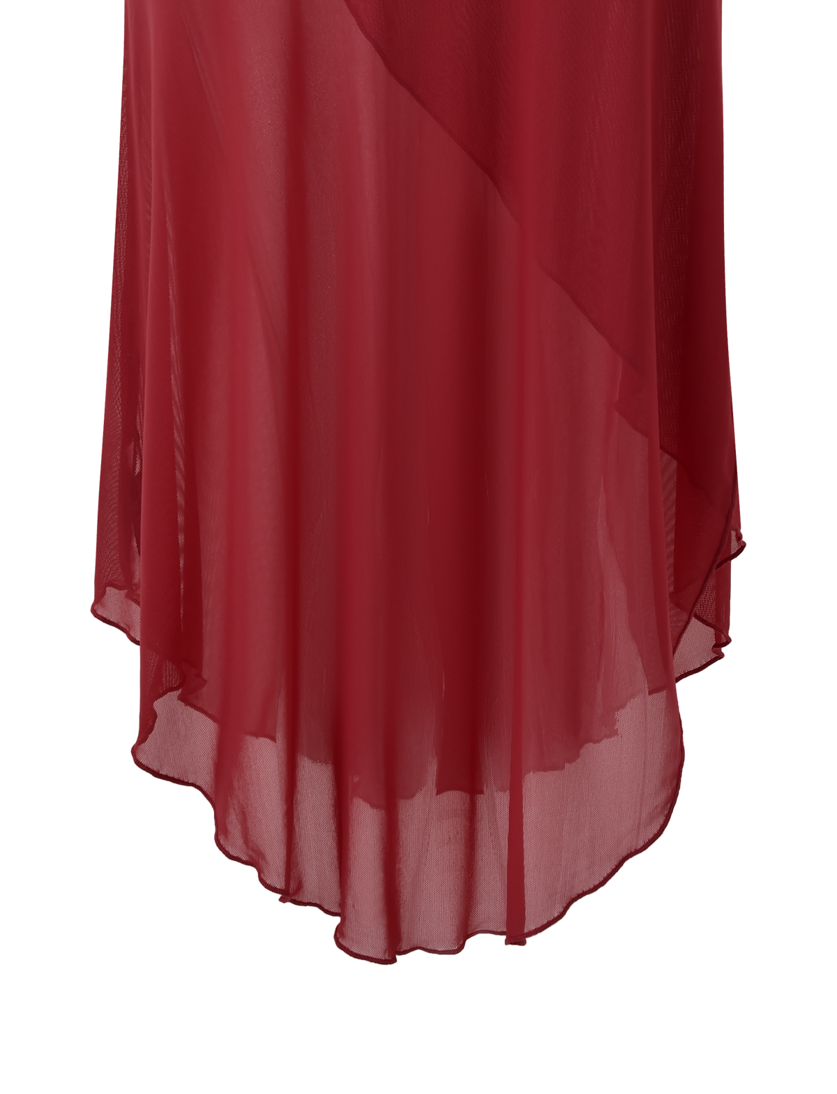 A close-up of the hem of the sheer, flowy TIGERMIST MARIANA SKIRT - RED features an asymmetrical cut, layered fabric, and a ruched waistband set against a white background.