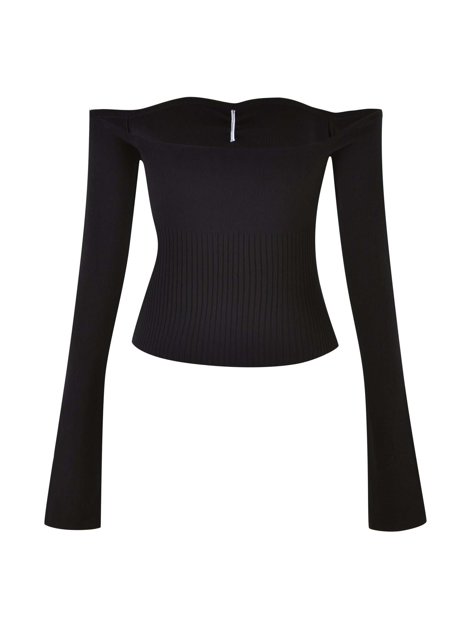The LILYANNA LONG SLEEVE TOP - BLACK by TIGERMIST is an elegantly minimalist, black off-the-shoulder top. It features rib detail, long sleeves that extend beyond the wrists, and a zipper closure at the back. The knit fabrication ensures a stretchy and snug fit.