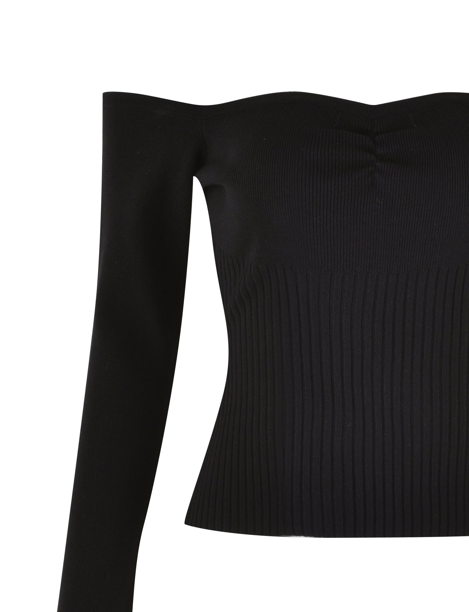 The LILYANNA LONG SLEEVE TOP - BLACK by TIGERMIST is an off-the-shoulder piece featuring long sleeves and rib detail. Its stretchy knit fabric offers a fitted silhouette, complemented by a subtly curved neckline, with no visible seams or embellishments.