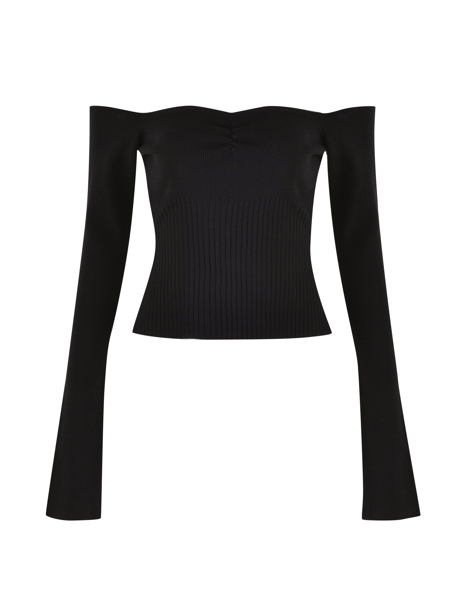 The LILYANA LONG SLEEVE TOP in black by TIGERMIST is an off-the-shoulder design with long sleeves, showcasing a fitted, ribbed texture and subtle gathering at the center of the neckline to highlight its exquisite rib detail.