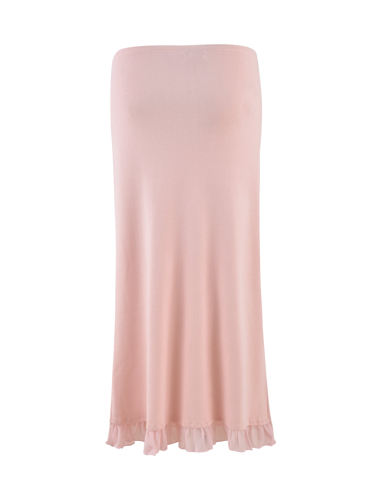 The LILYANNA SKIRT - PINK by TIGERMIST is an ankle-length midi skirt in a light pink hue. It features a minimalist design with a delicate ruffle detail at the hem, adding elegance to its relaxed fit. Made from soft, flowy fabric, this BABY PINK skirt offers effortless style and comfort.