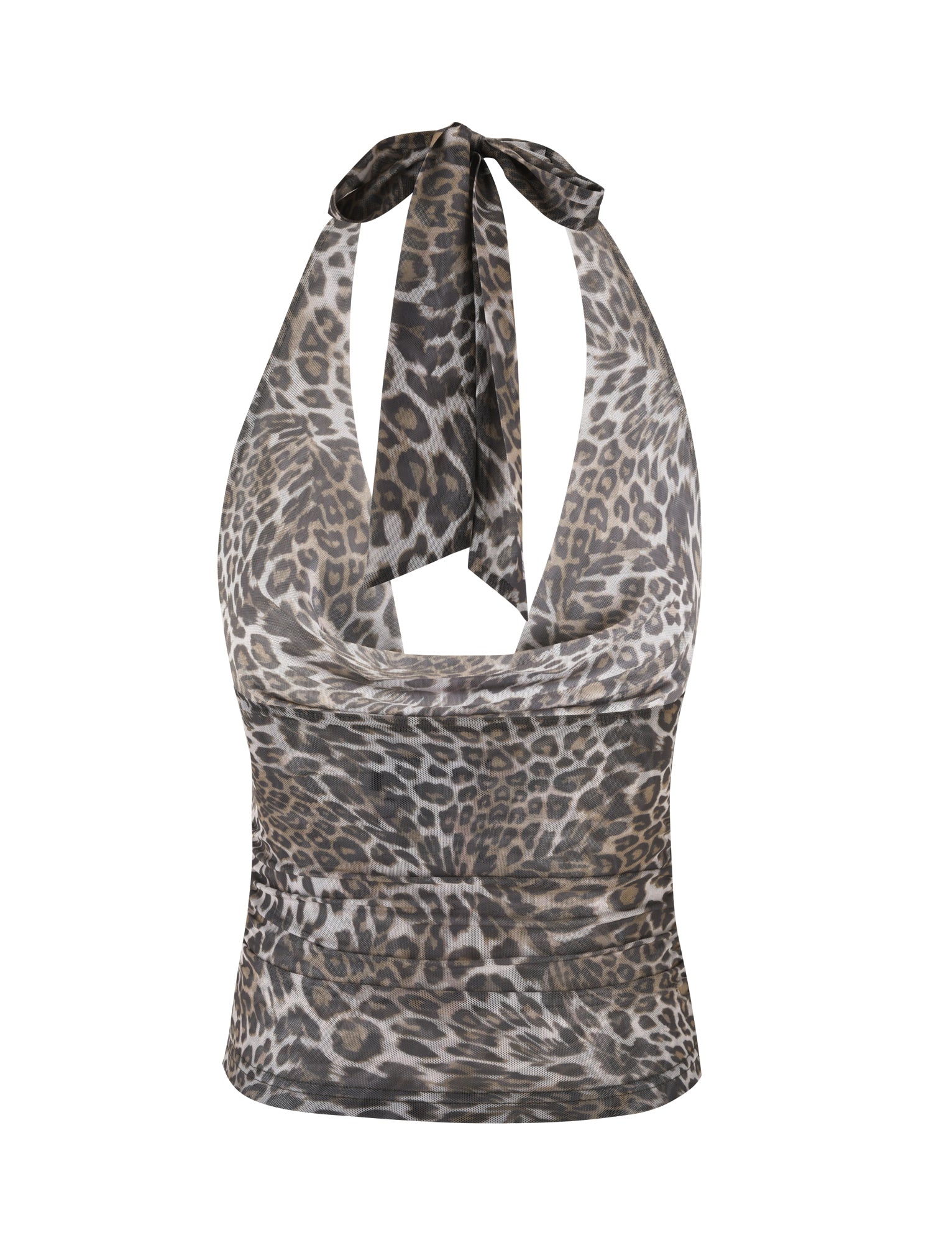 The RILYNN TOP - NEUTRAL: LEOPARD by TIGERMIST is a sleeveless halter top with a leopard print pattern, featuring a plunging neckline and ties behind the neck. Made from semi-sheer fabric with a subtle sheen, it enhances the animal print design while showcasing a fitted silhouette with high stretch and mesh lining for added comfort.